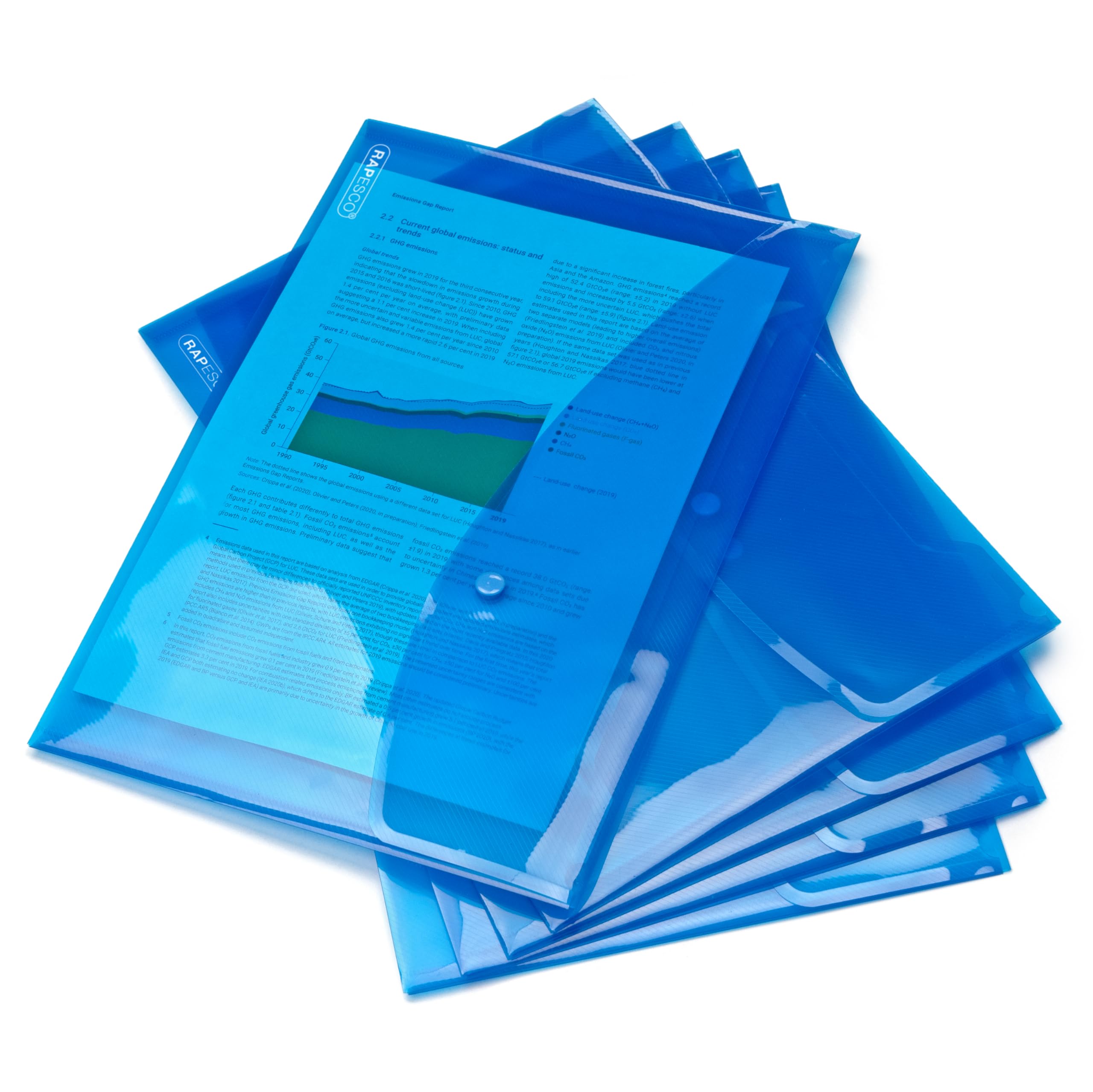 Rapesco 0687 ECO Recycled Popper Wallets - A4+, 150 Sheet Capacity, Bright Transparent Blue, Pack of 5 1