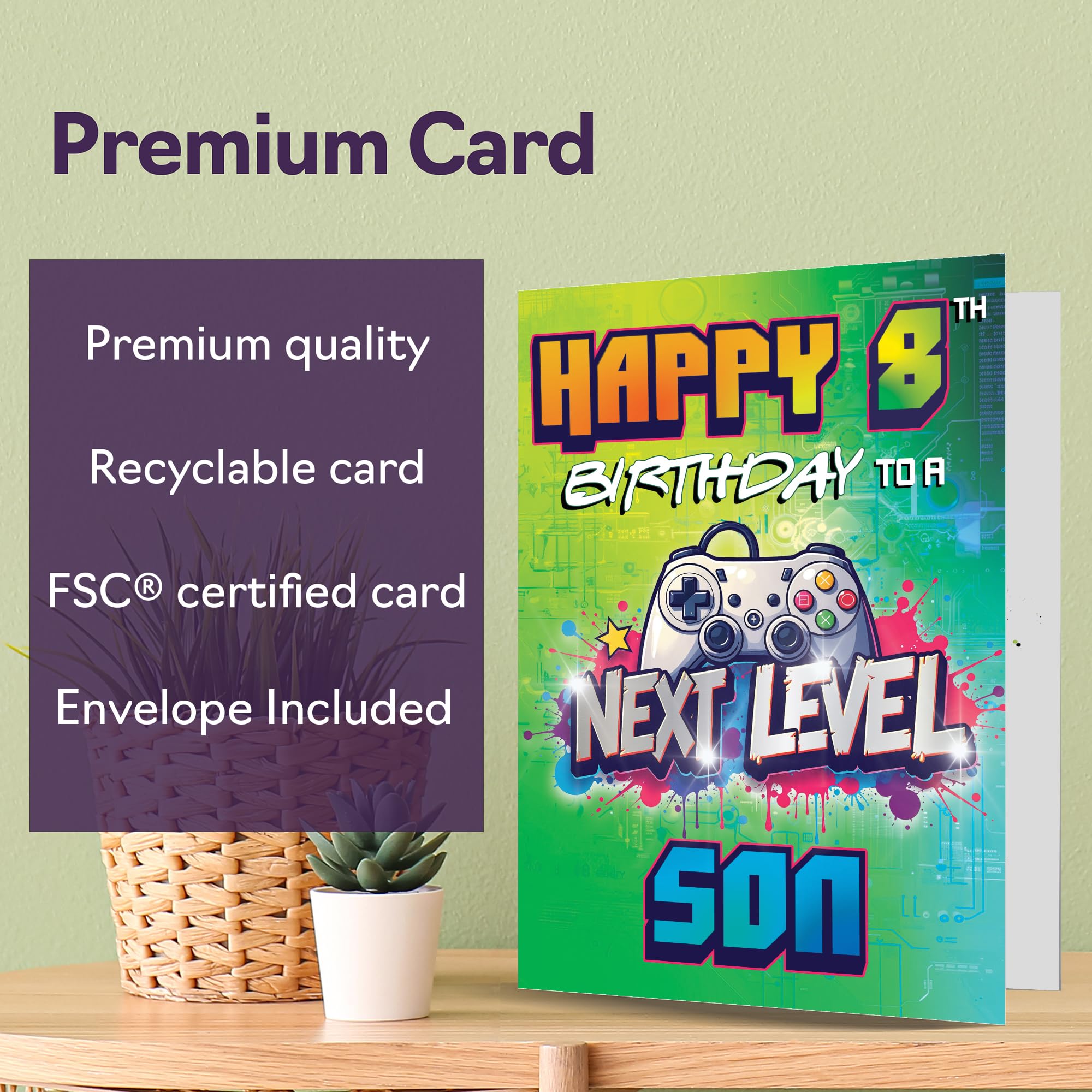 Giftzie 8th Birthday Card for Son | Next Level Design | 5x7 Inch Greeting Card | Uncoated Interior 6