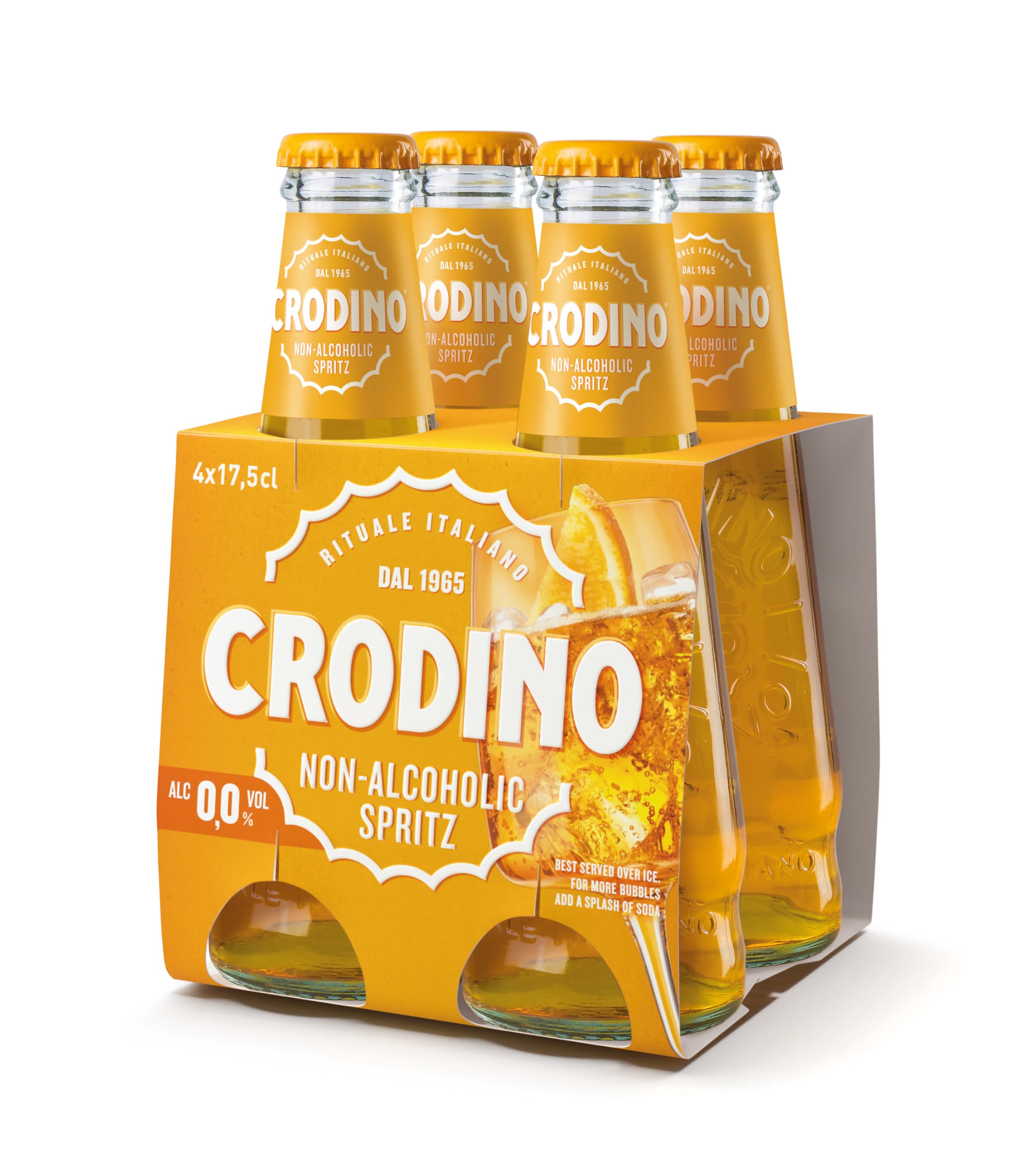 Crodino Spritz 0.0% Non-Alcoholic Aperitivo - 4 x 175ml Glass Bottles | Italian Orange Flavour