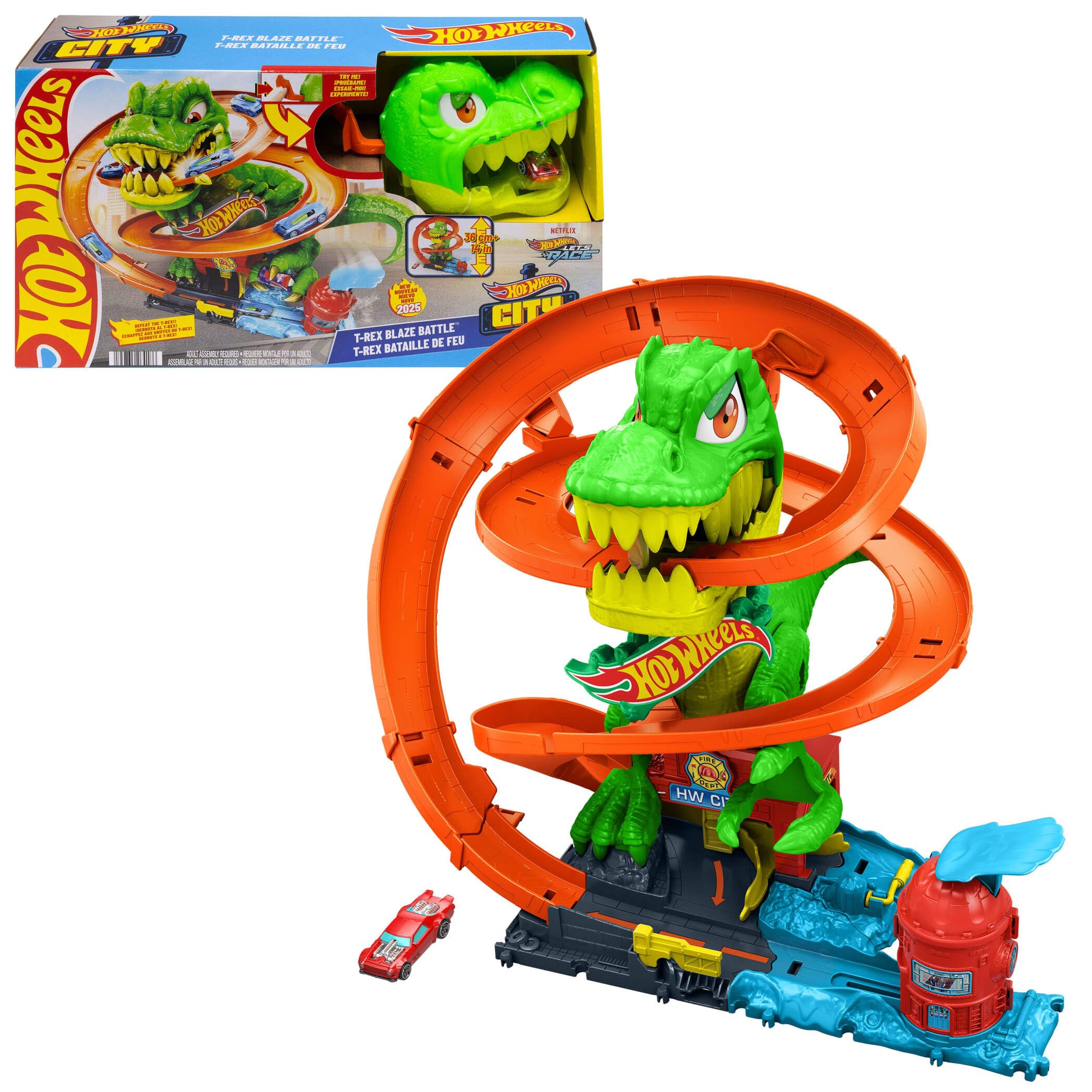 Hot Wheels City T-Rex Blaze Battle Playset with 1:64 Scale Die-Cast Fire Engine | Ages 4+