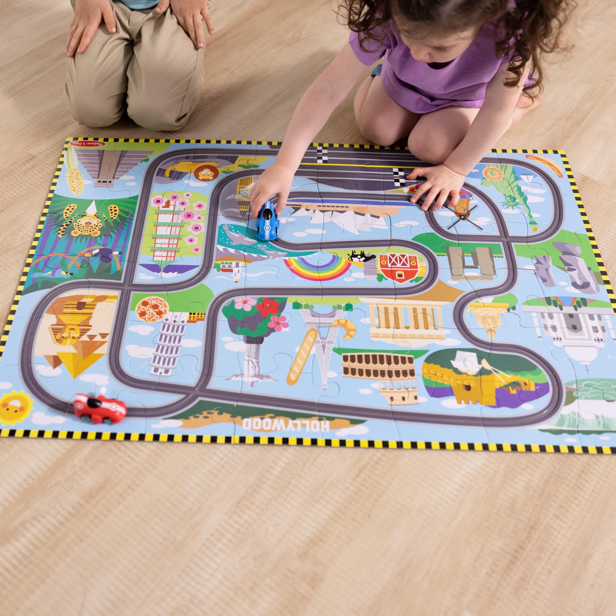 Melissa & Doug Race Around the World Floor Puzzle with 2 Wind-Up Vehicles | Age 3+ | 48 Pieces 8