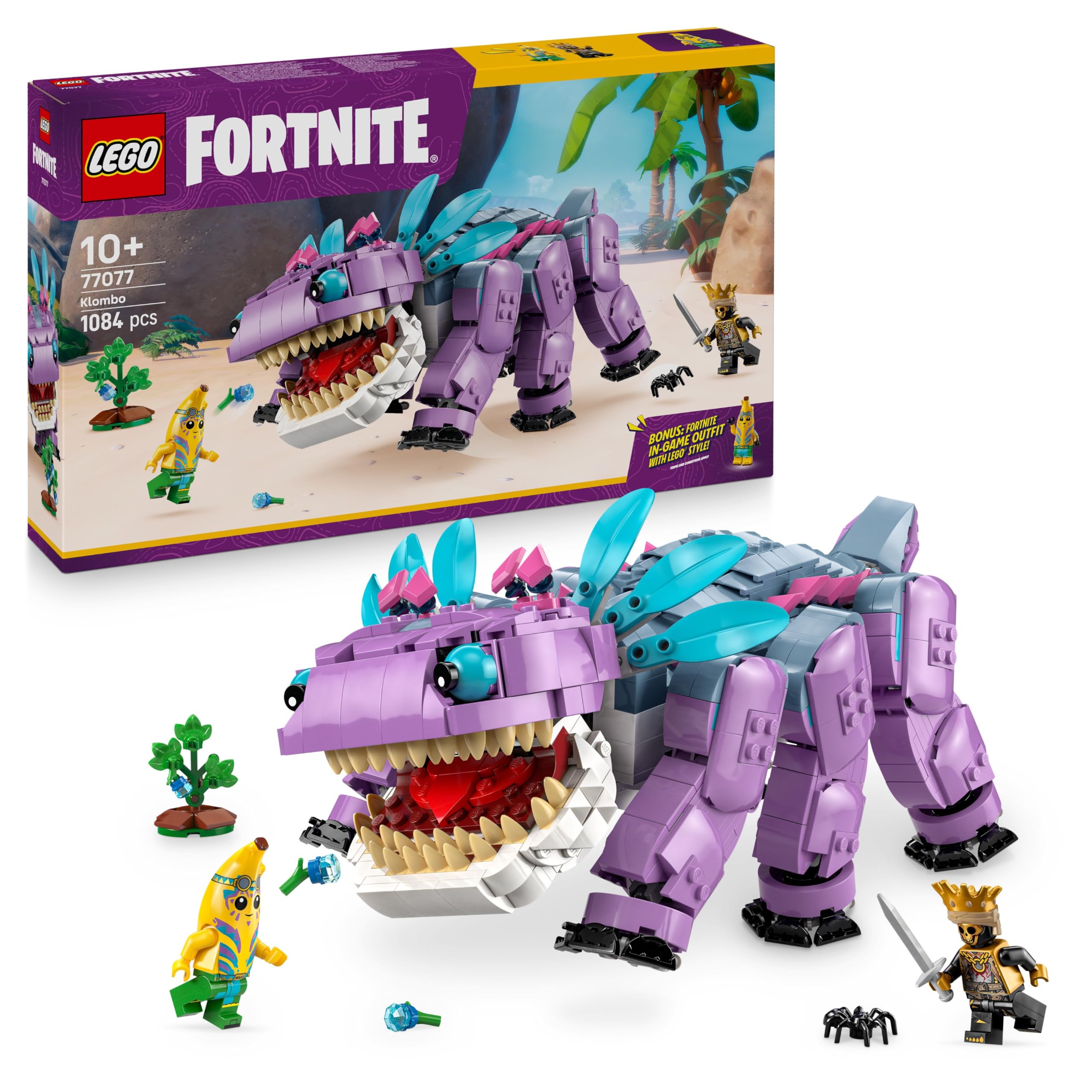 LEGO Fortnite Klombo Figur 77077 – Baubares Dino-Spielzeug mit Oro & Island Peely Minifiguren, Bonus-Outfit im Spiel