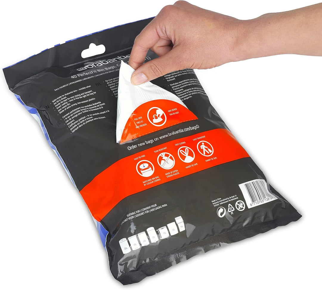 Brabantia PerfectFit 20L Thick Plastic Bin Liners with Tie Tape Draw - Extra Strong Trash Bags