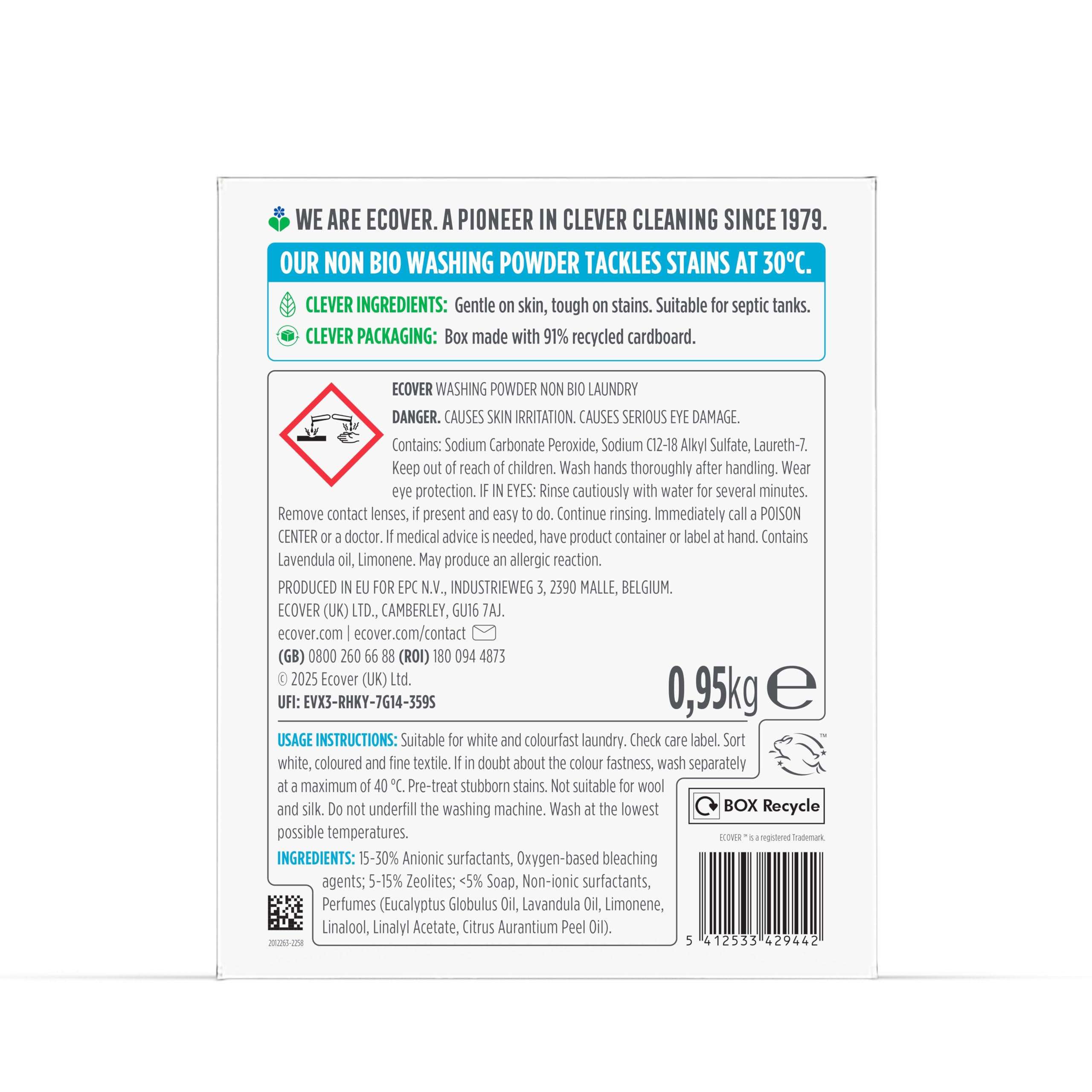 Ecover Non-Bio Laundry Powder, Lavender & Eucalyptus Scent, 950g