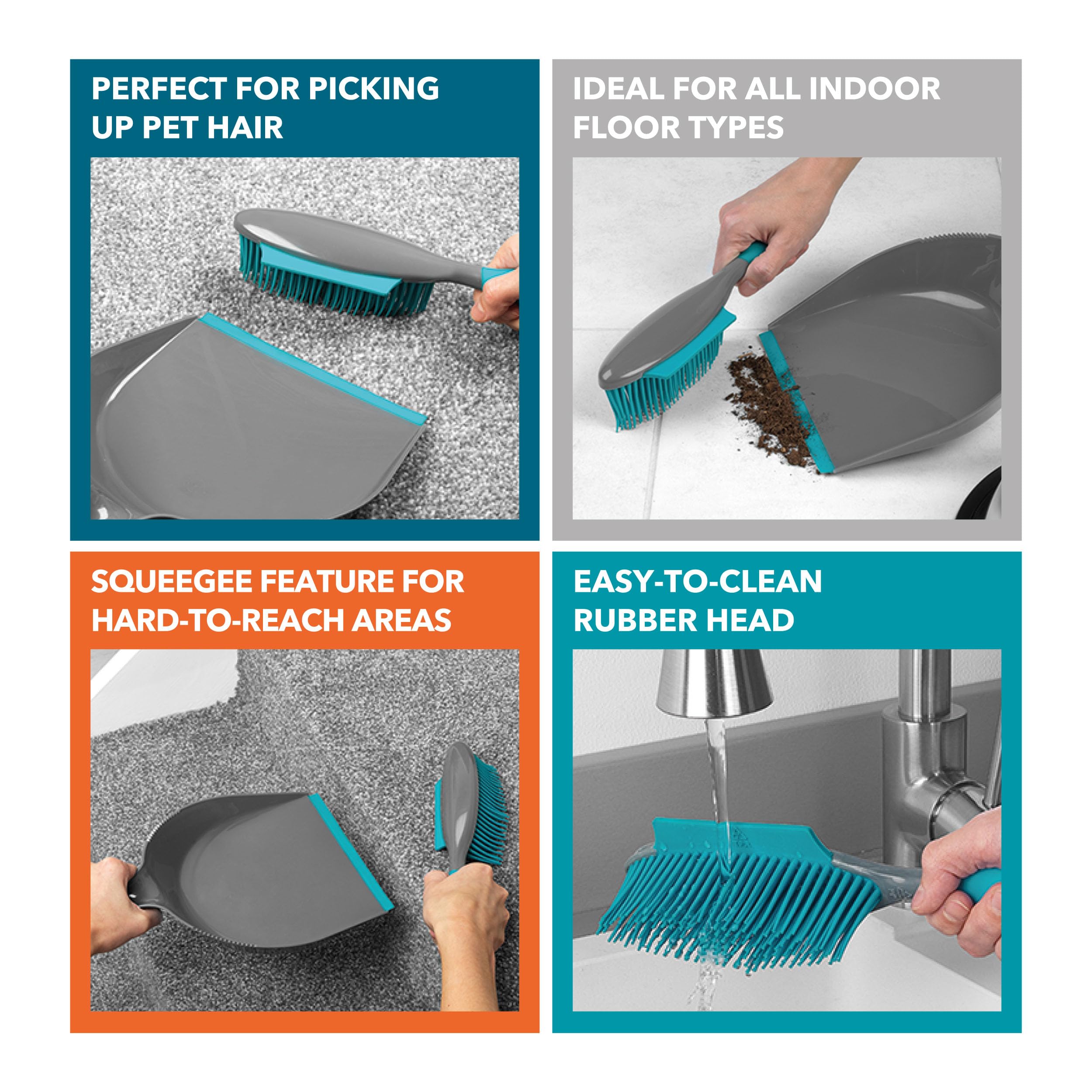 Beldray Pet Plus+ Rubber Dustpan and Brush Set - Non-Scratch Bristles | Squeegee Edge | Grey/Turquoise 4