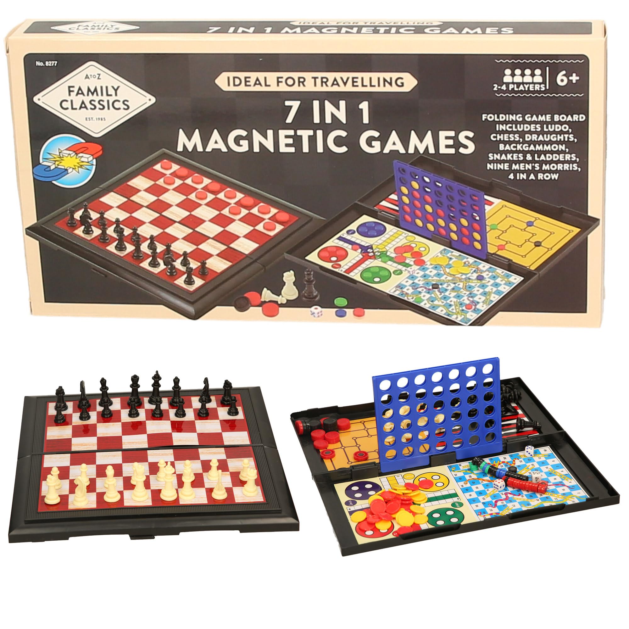 Atoz 7-in-1 Magnetic Travel Board Games Set - Chess, Draughts, Ludo, Snakes & Ladders, Backgammon, Nine Men's Morris, 4-in-a-Row | 2-4 Players | Ages 6+