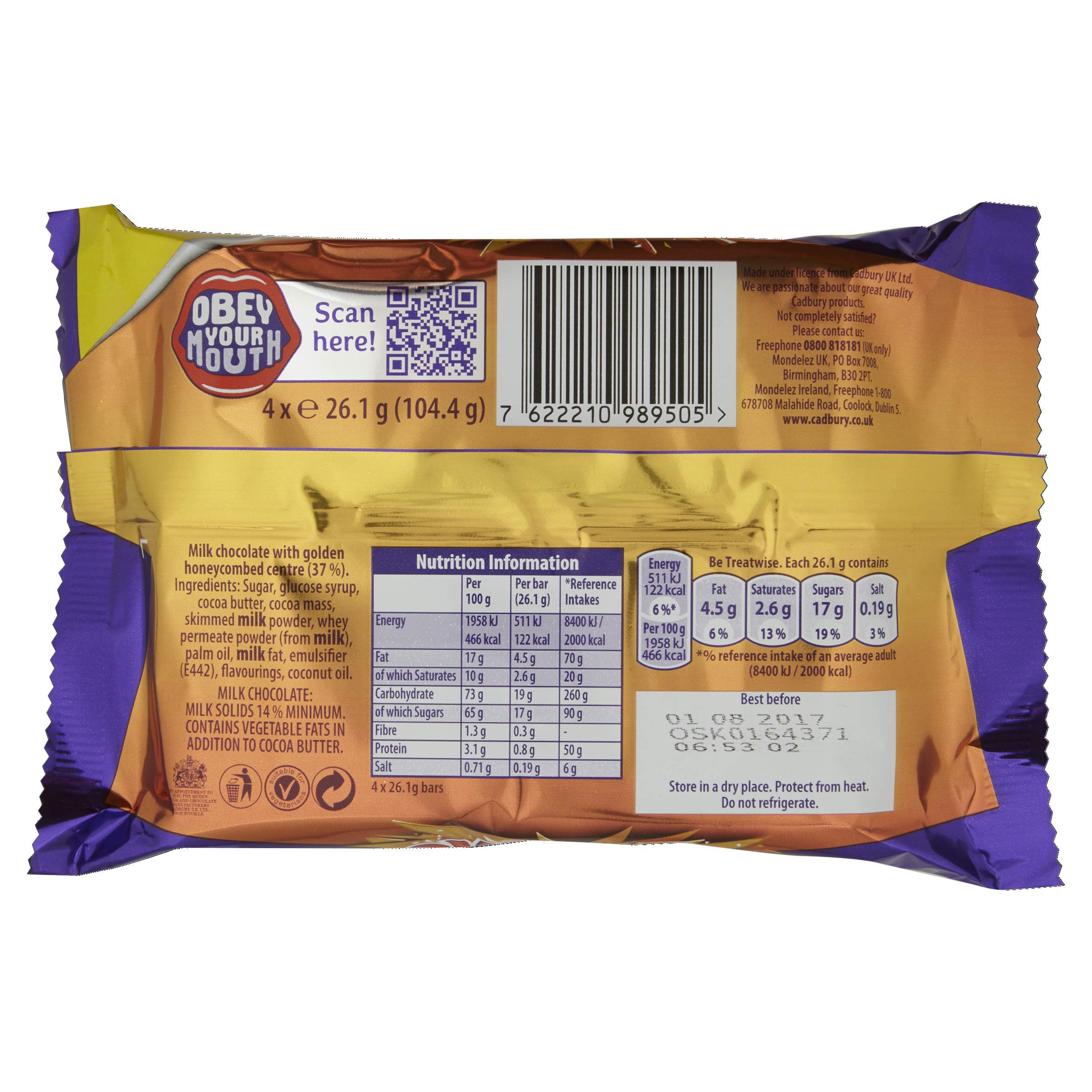 Cadbury Crunchie Chocolate Bar - Honeycomb Centre, Milk Chocolate Coating | 4 Pack of 26.1g Bars
