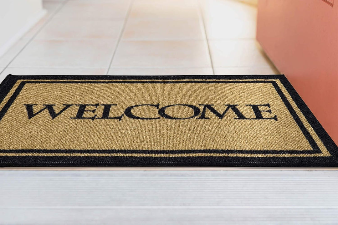 Ottomanson Rectangular Welcome Bordered Doormat, 51 cm x 76 cm, Beige, Nylon with Rubber Backing