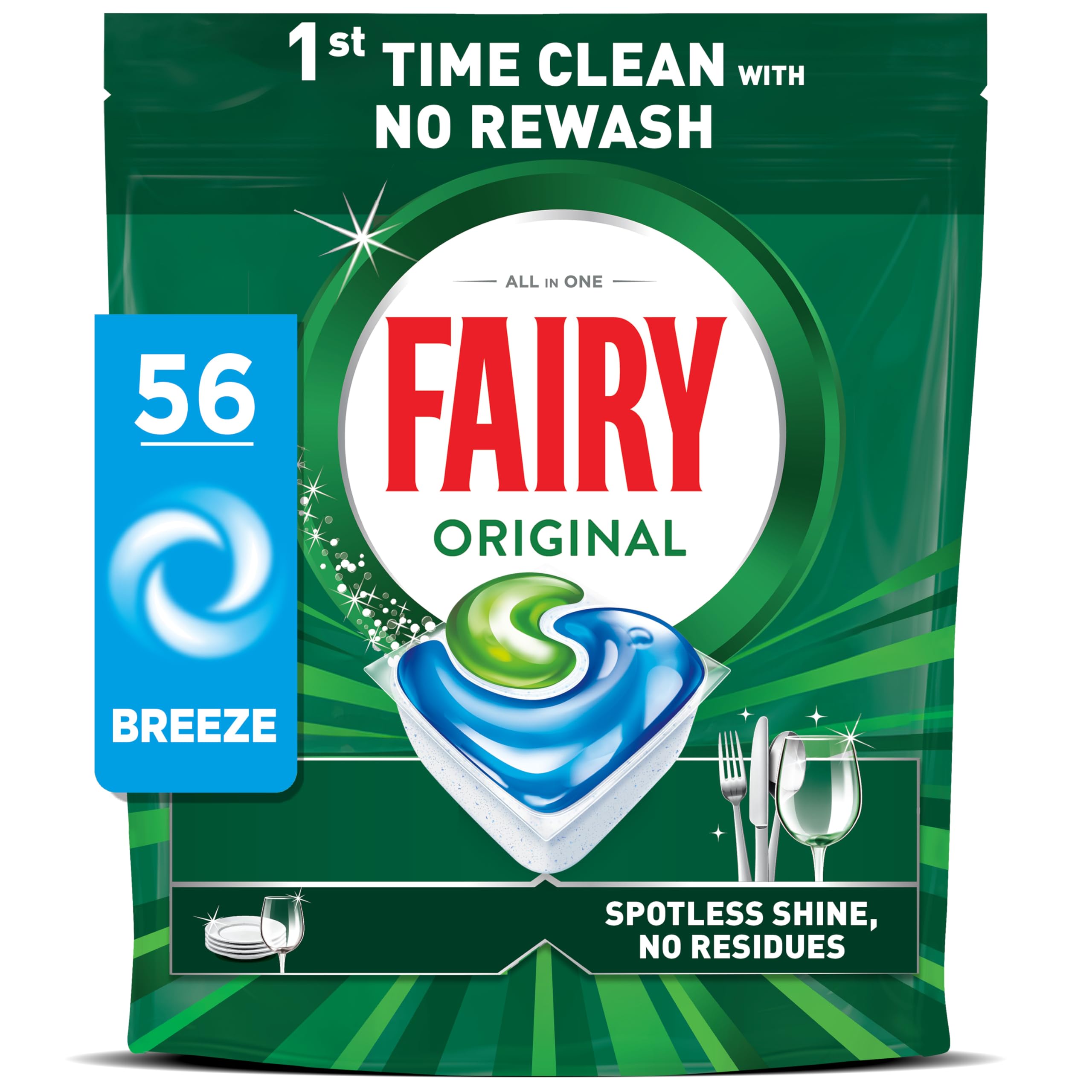 Fairy Original Power Dishwasher Tablets - 1st Time Clean, Built-in Rinse Aid & Salt | 56 Count 1