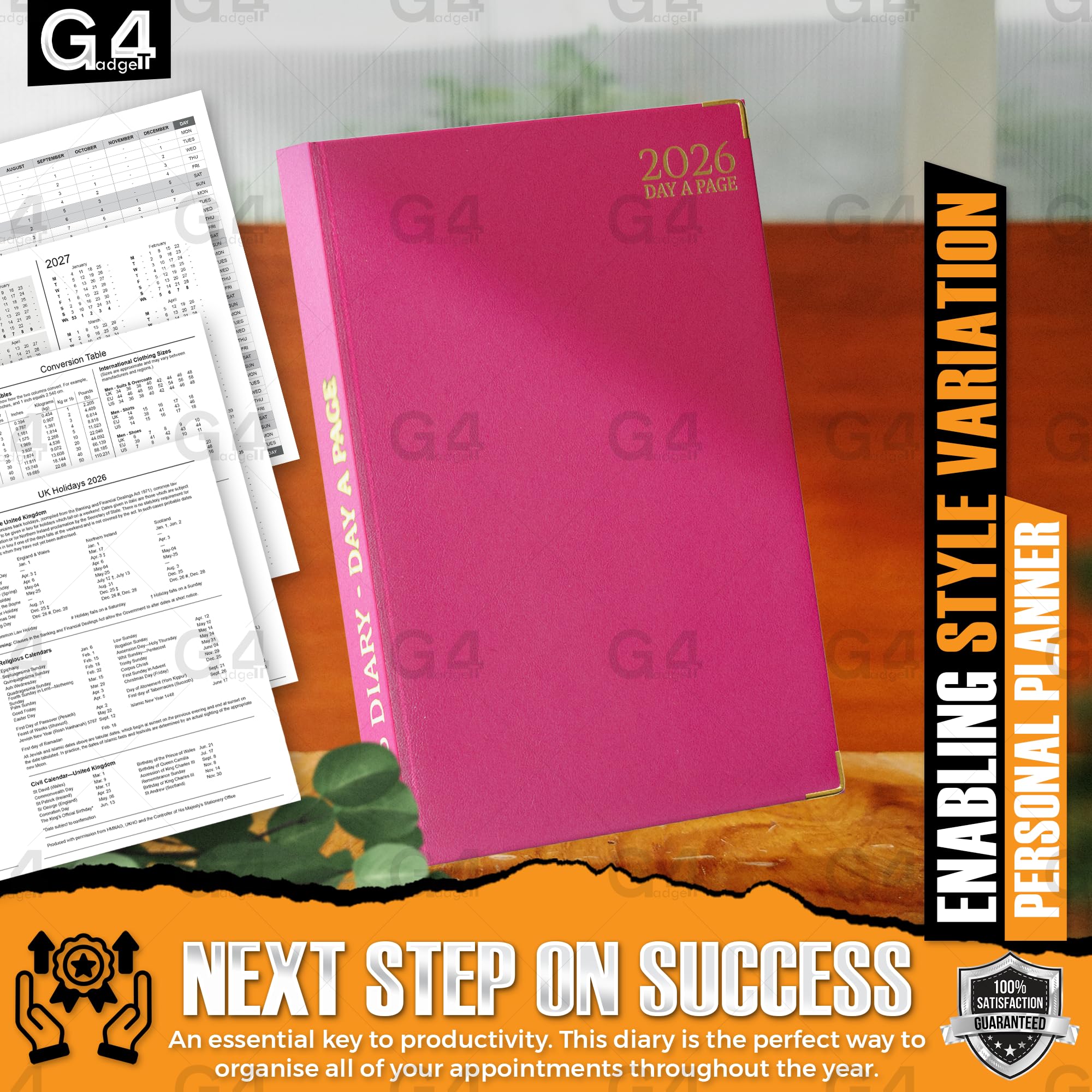 G4GADGET A5 2026 Day a Page Pink Diary Gilt Edges Hardback 5