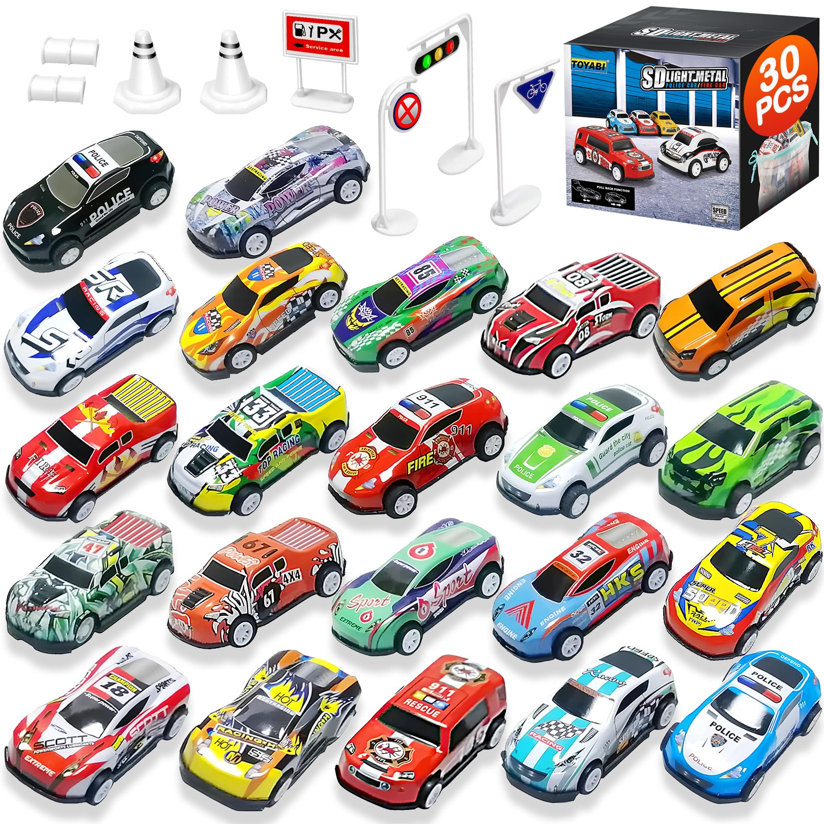 TOYABI Metal Pull Back Race Car Set - 22Pcs Mini Cars with 8 Roadblocks for Kids 3+ 1
