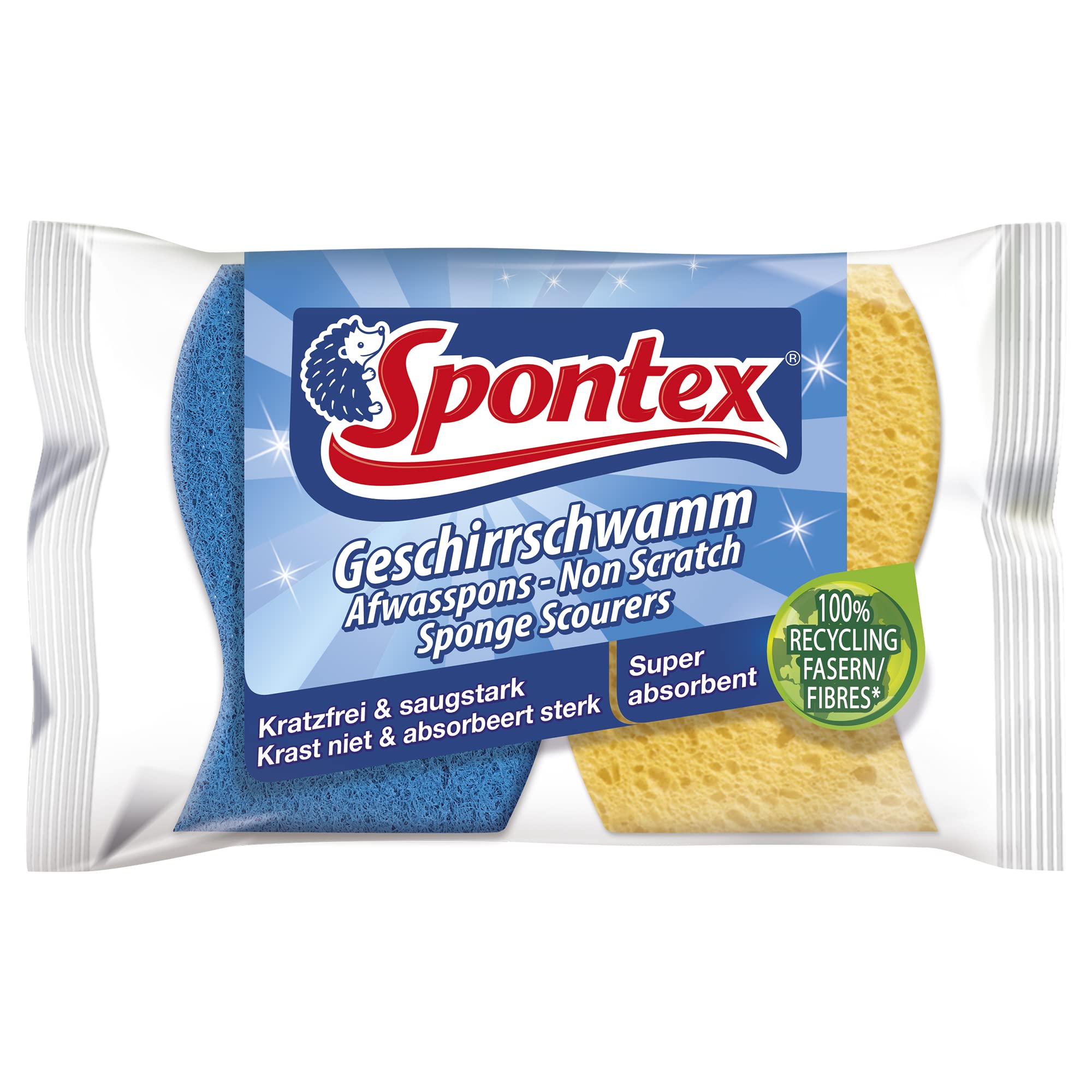 Spontex Non Scratch Super Absorbent Sponge Scourers - Pack of 2, Yellow/Blue | Biodegradable Cellulose