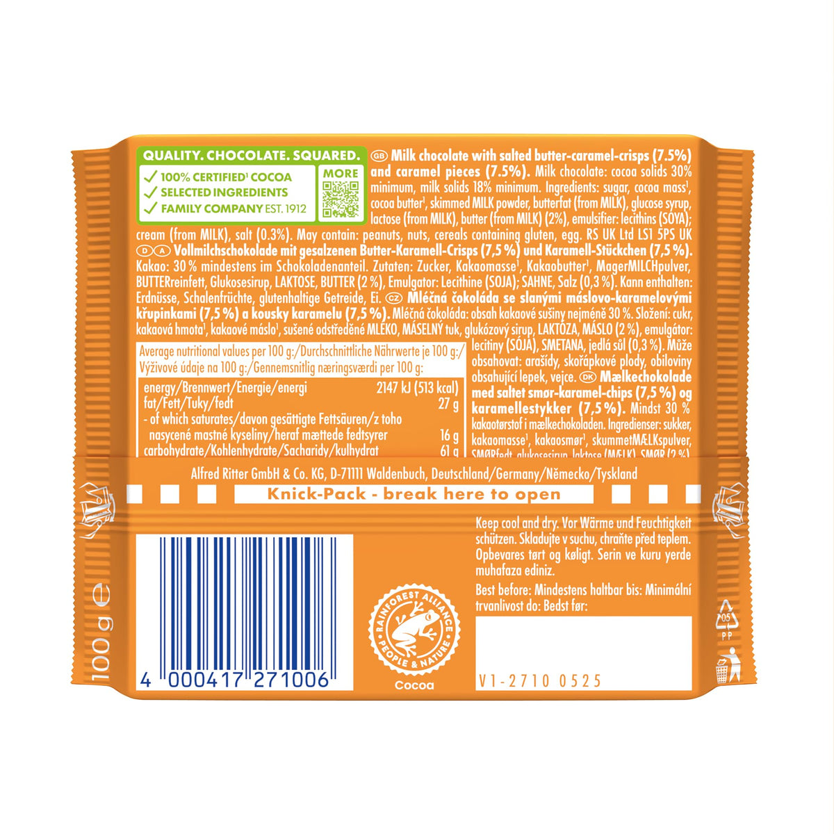 Ritter Sport Salted Caramel Milk Chocolate Bar - 100g
