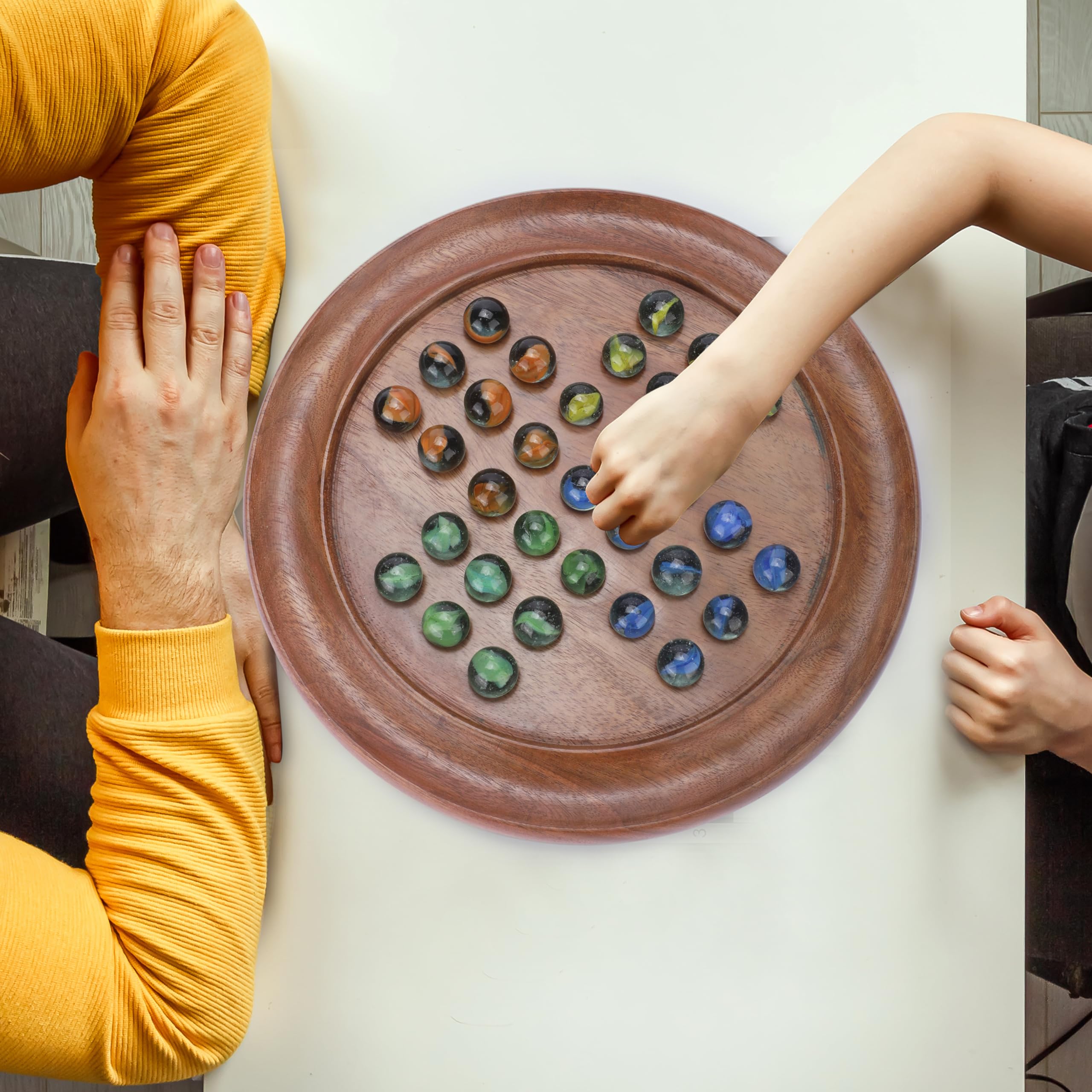 Ajuny Classic Solitaire Handcrafted Wooden Board Game with 4-Color Marbles 10