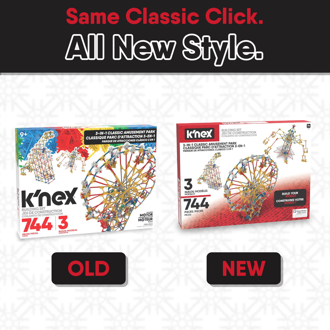 K'NEX 3-in-1 Classic Amusement Park Building Set - 744-Piece Playset for Ages 9+