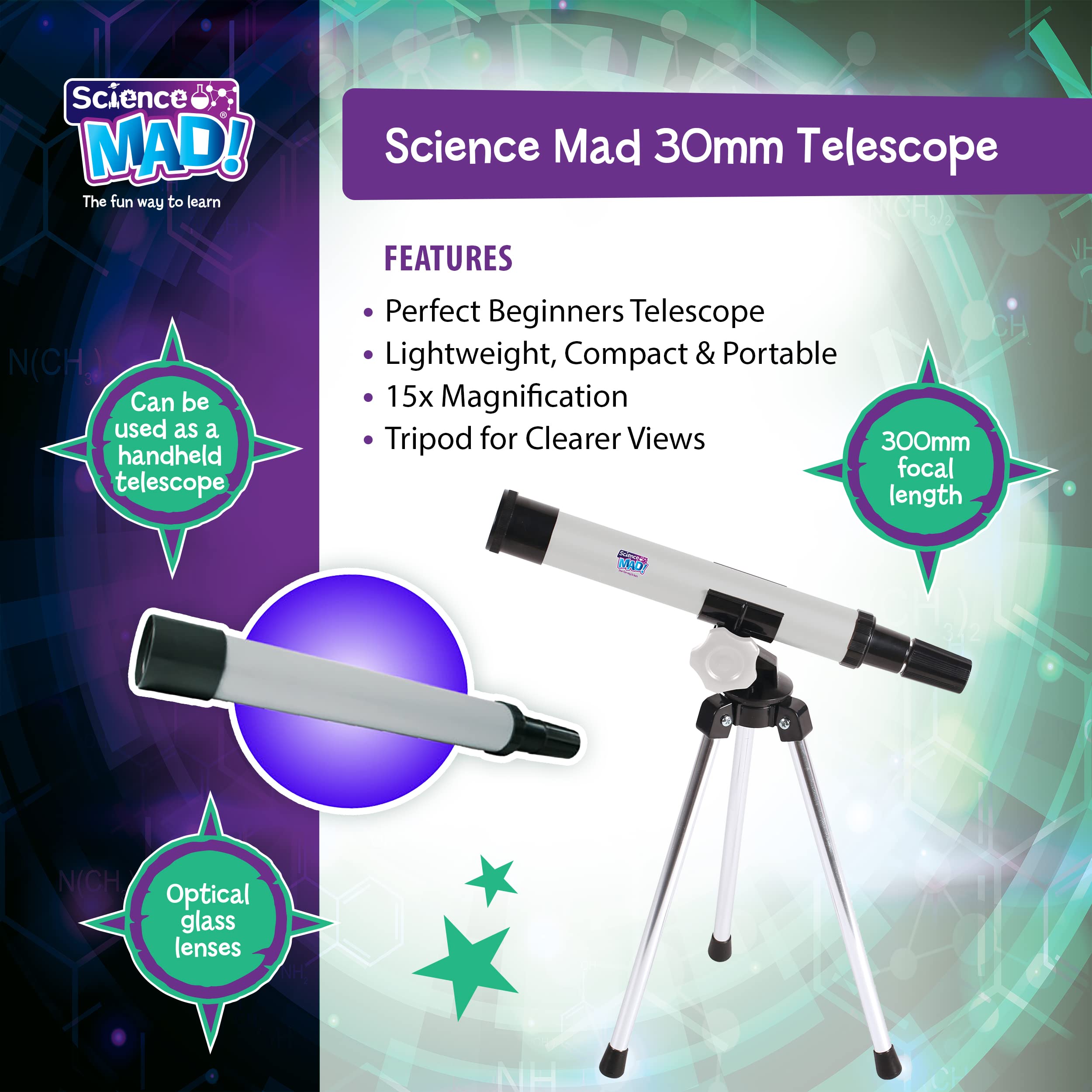 Science Mad 30mm Telescope for Kids - 15x Magnification Starter Scope with Tripod | Ages 6+ 3
