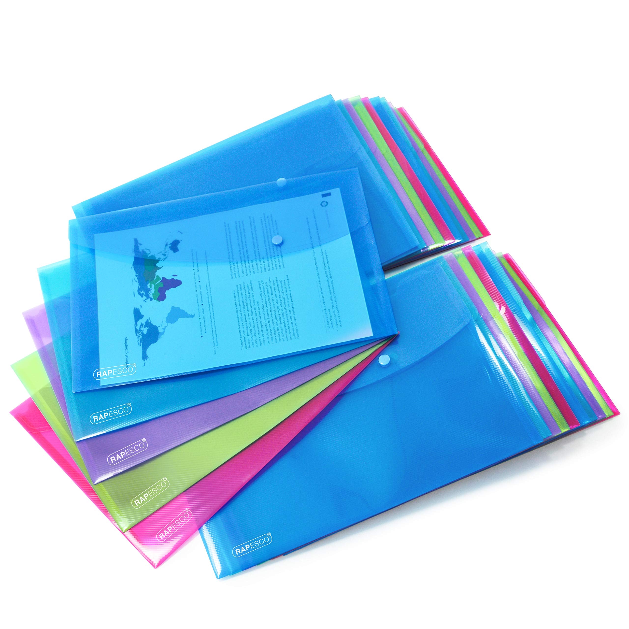 RAPESCO 1494 ECO Recycled Popper Wallets - A4+, Assorted Bright Transparent, Pack of 20