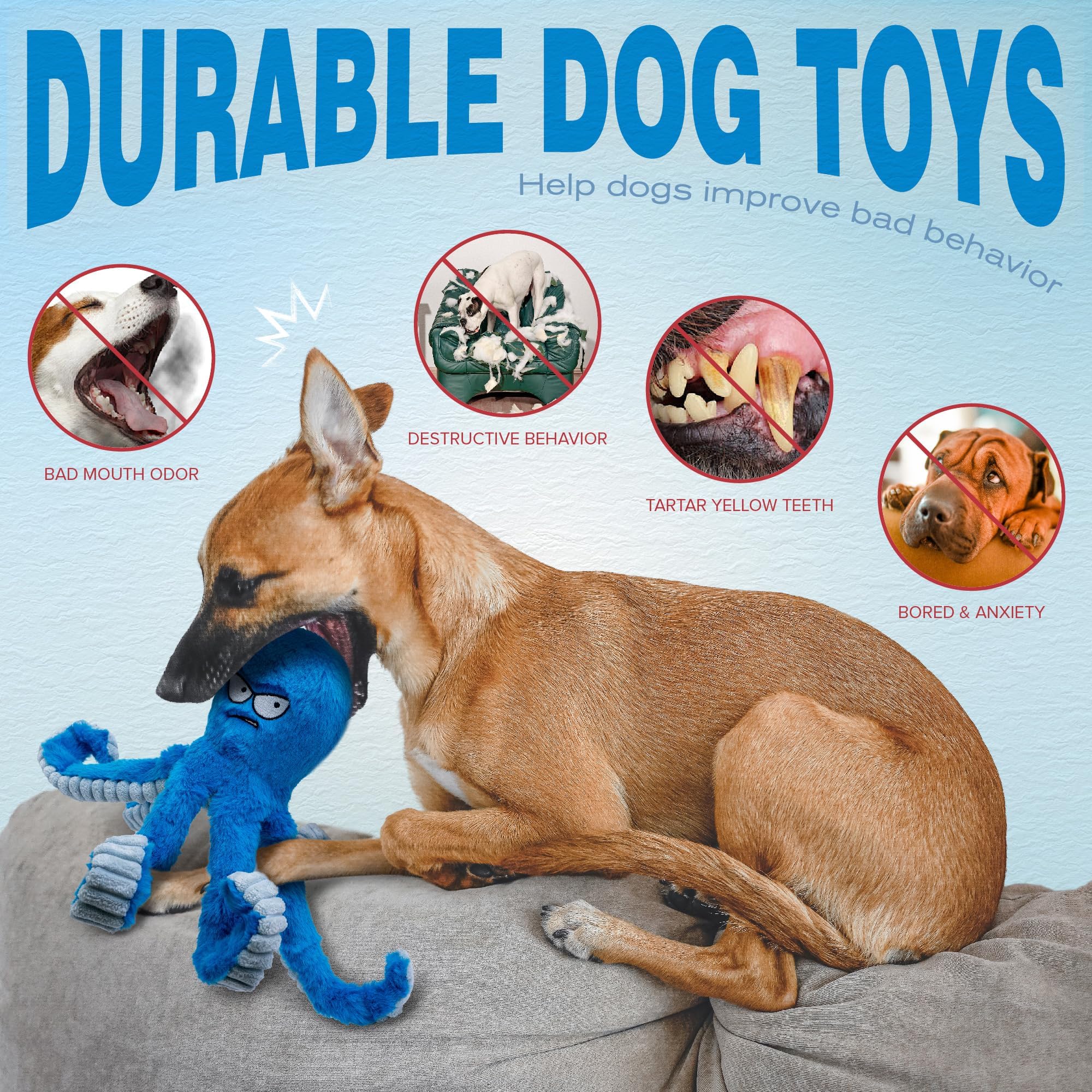 LEGEND SANDY Tough Squeak Dog Toy - Heavy Duty, Waterproof Lining, Blue Octopus for Aggressive Chewers 4