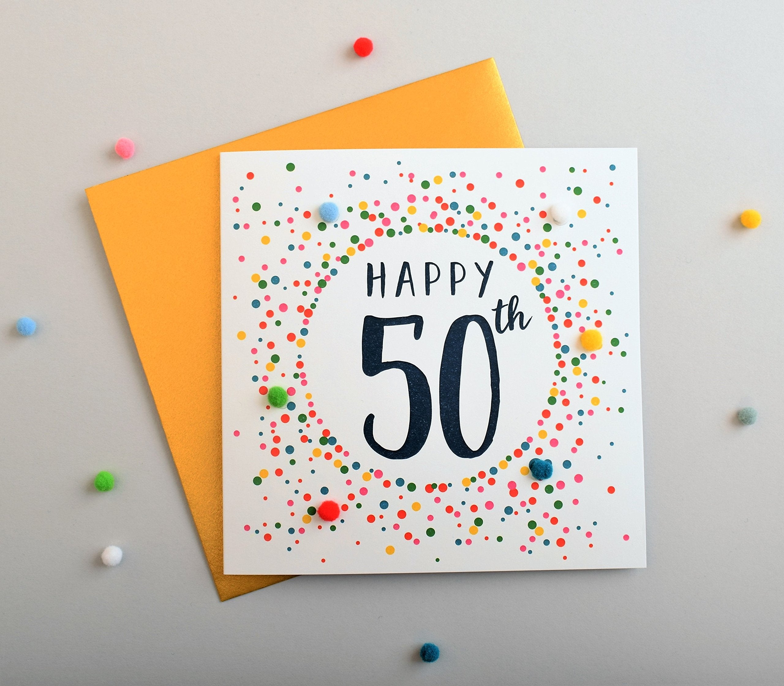 Claire Giles Greeting Cards - Dotty Age 50 Birthday Card with Colourful Pompoms | 150x150mm 2