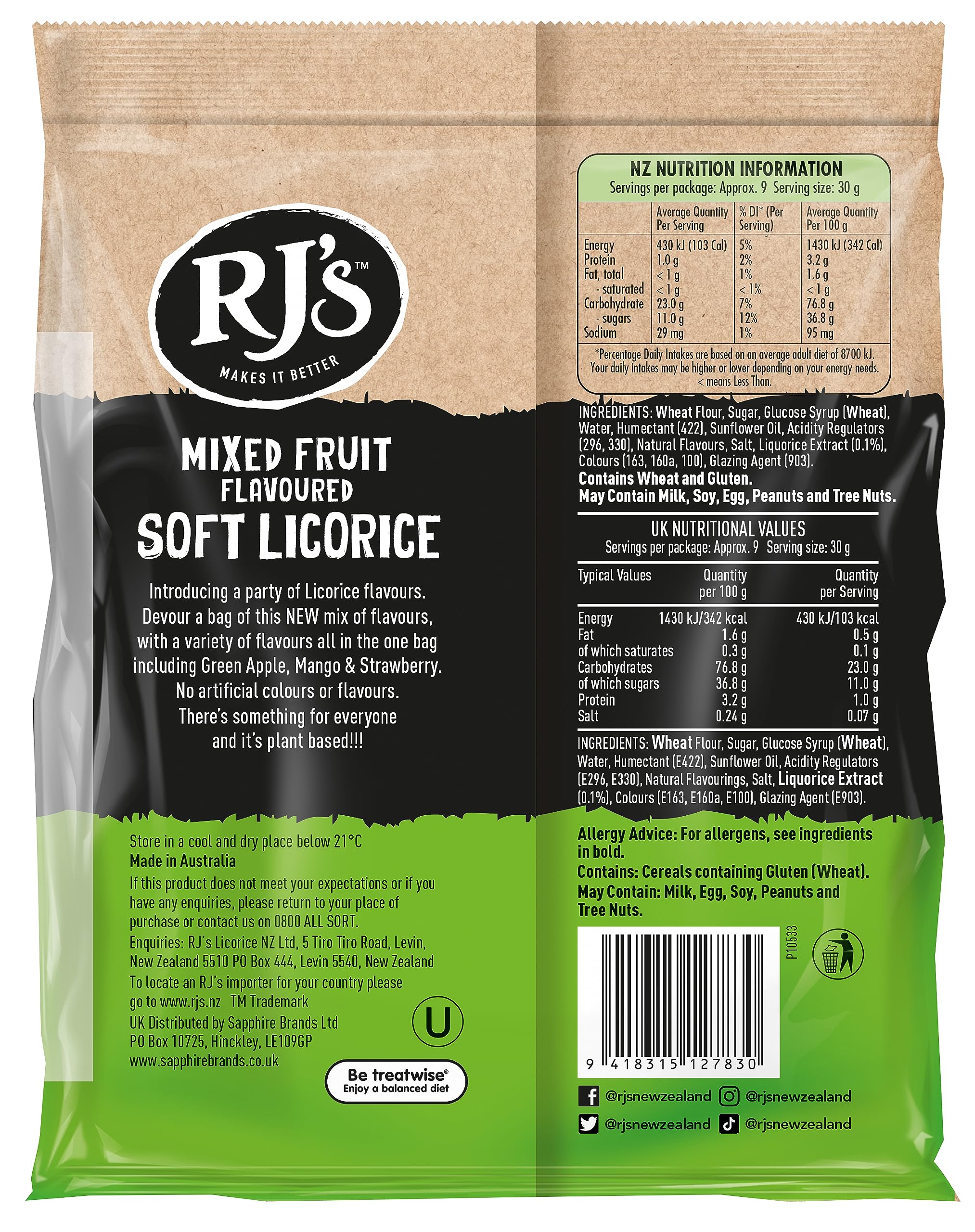 RJ's Mixed Fruit Flavoured Soft Eating Licorice - 280g Bag
