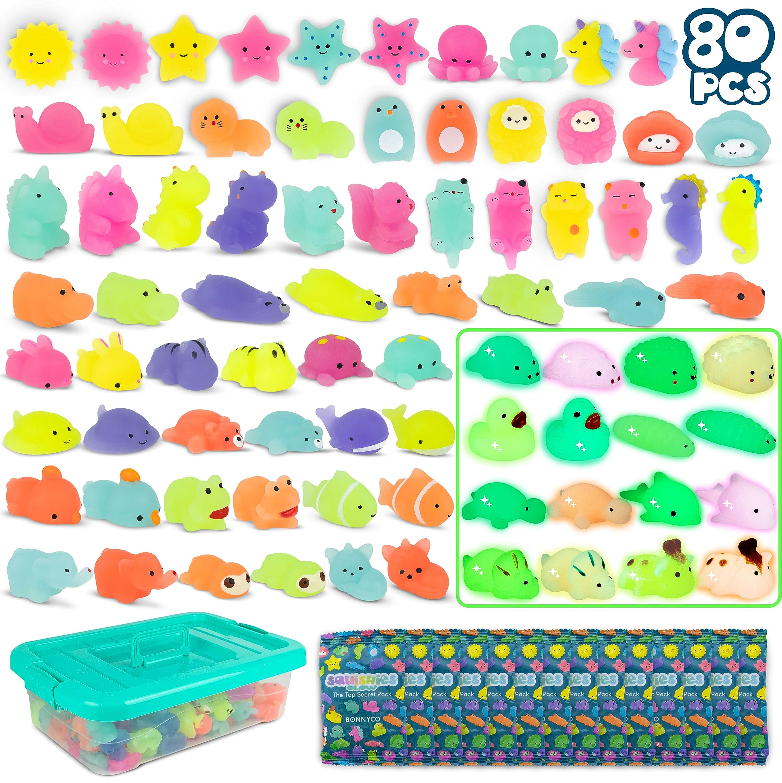 BONNYCO Mochi Squishy Toys - Pack of 80, Glow in the Dark, Individually Bagged