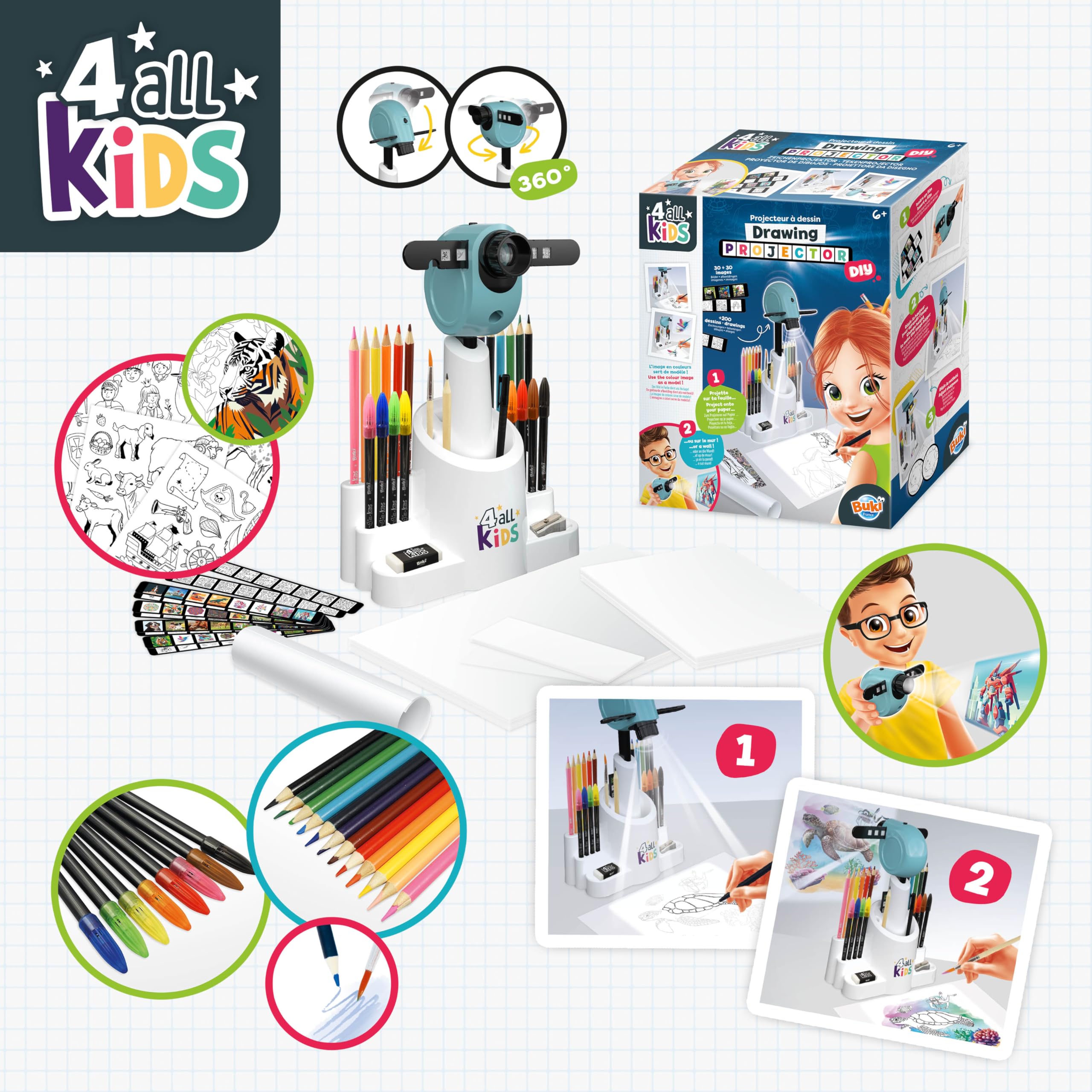 Buki France Drawing Projector - Adjustable Height & Focus, Includes 30 Images & 200 Decorations, 12 Watercolour Pencils, 8 Markers 3