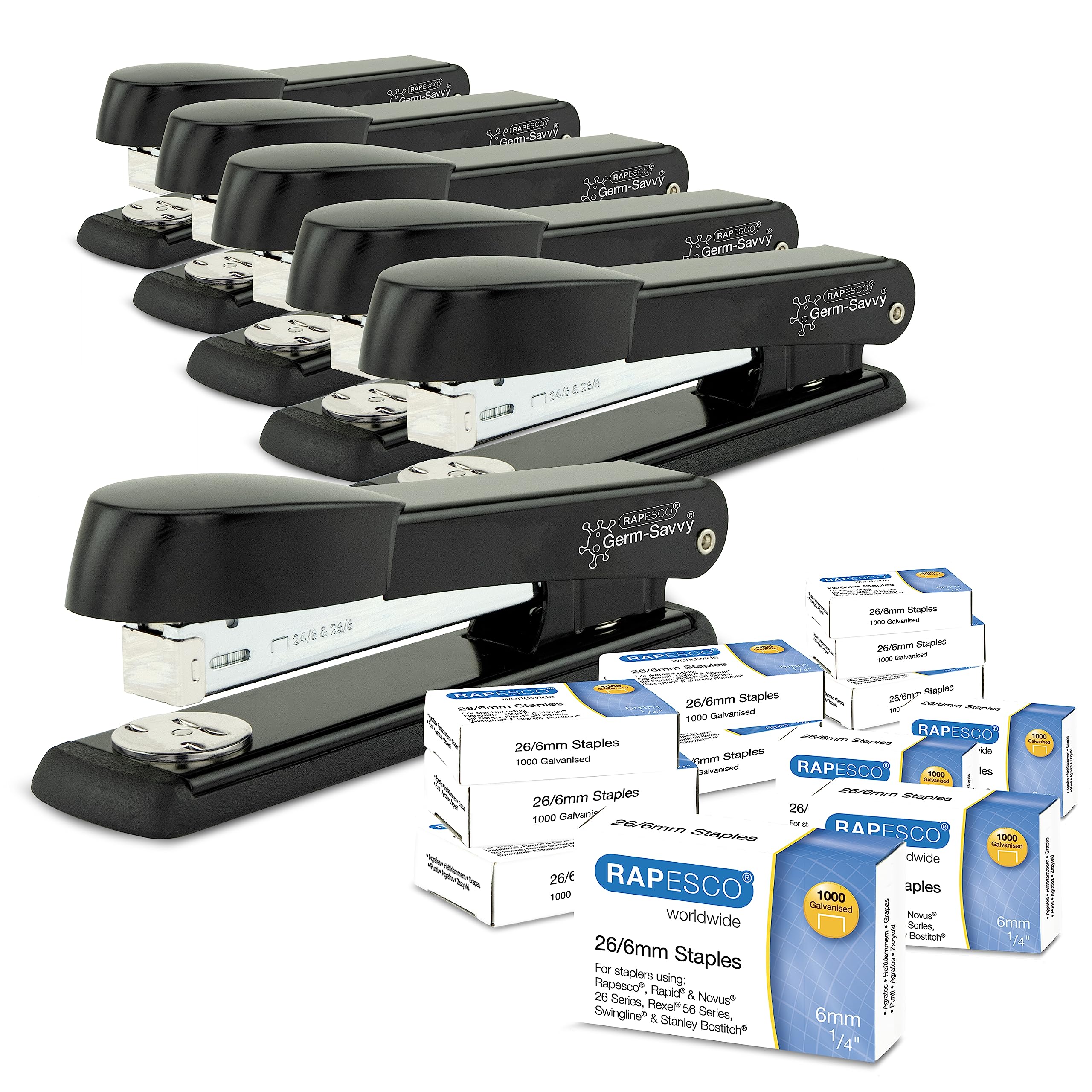 RAPESCO 1733 Business Pack - 6 Antibacterial Desktop Staplers | 25 Sheet Capacity