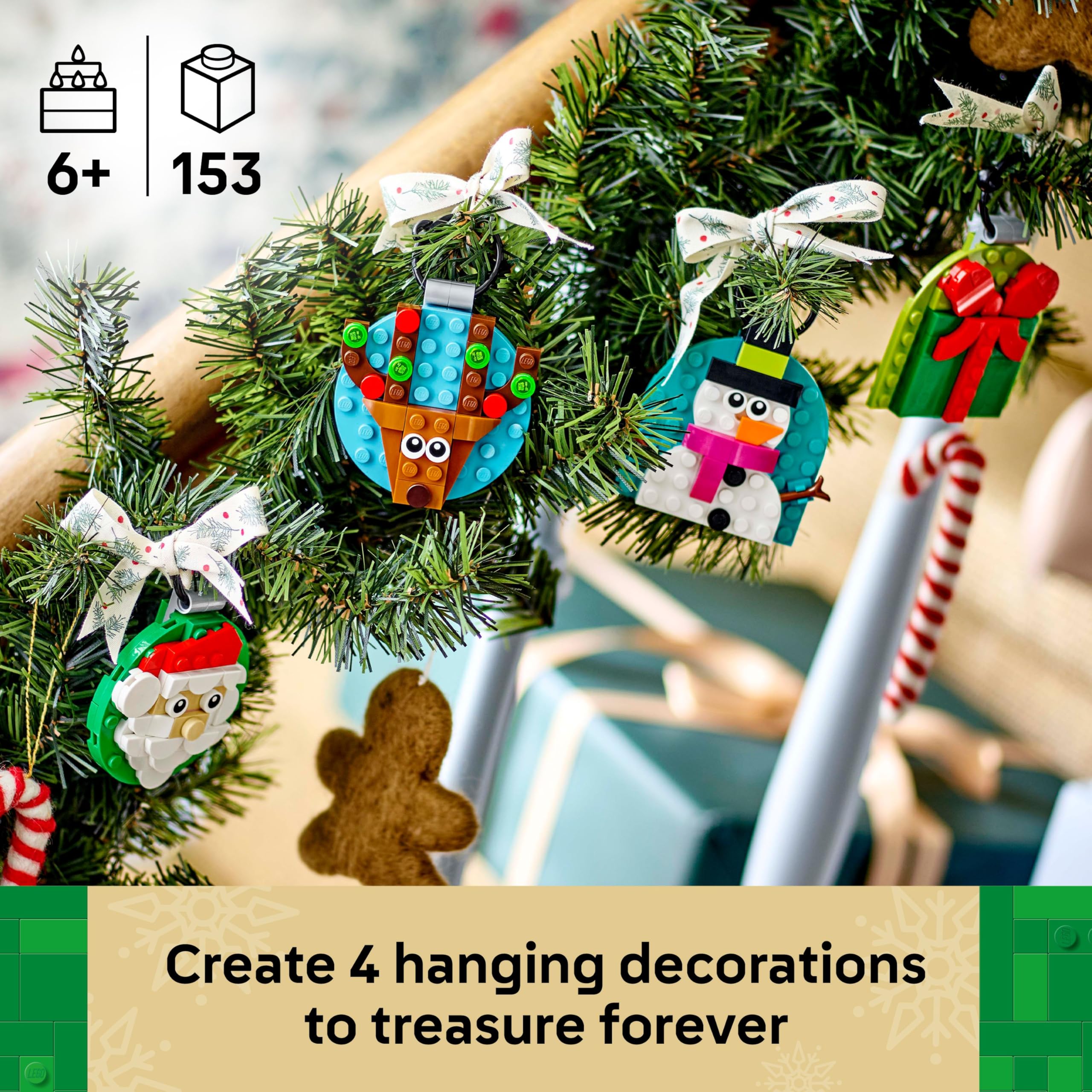 LEGO Christmas Ornament Selection - Building Toy with 4 Festive Hanging Decorations for Kids 6+ 12