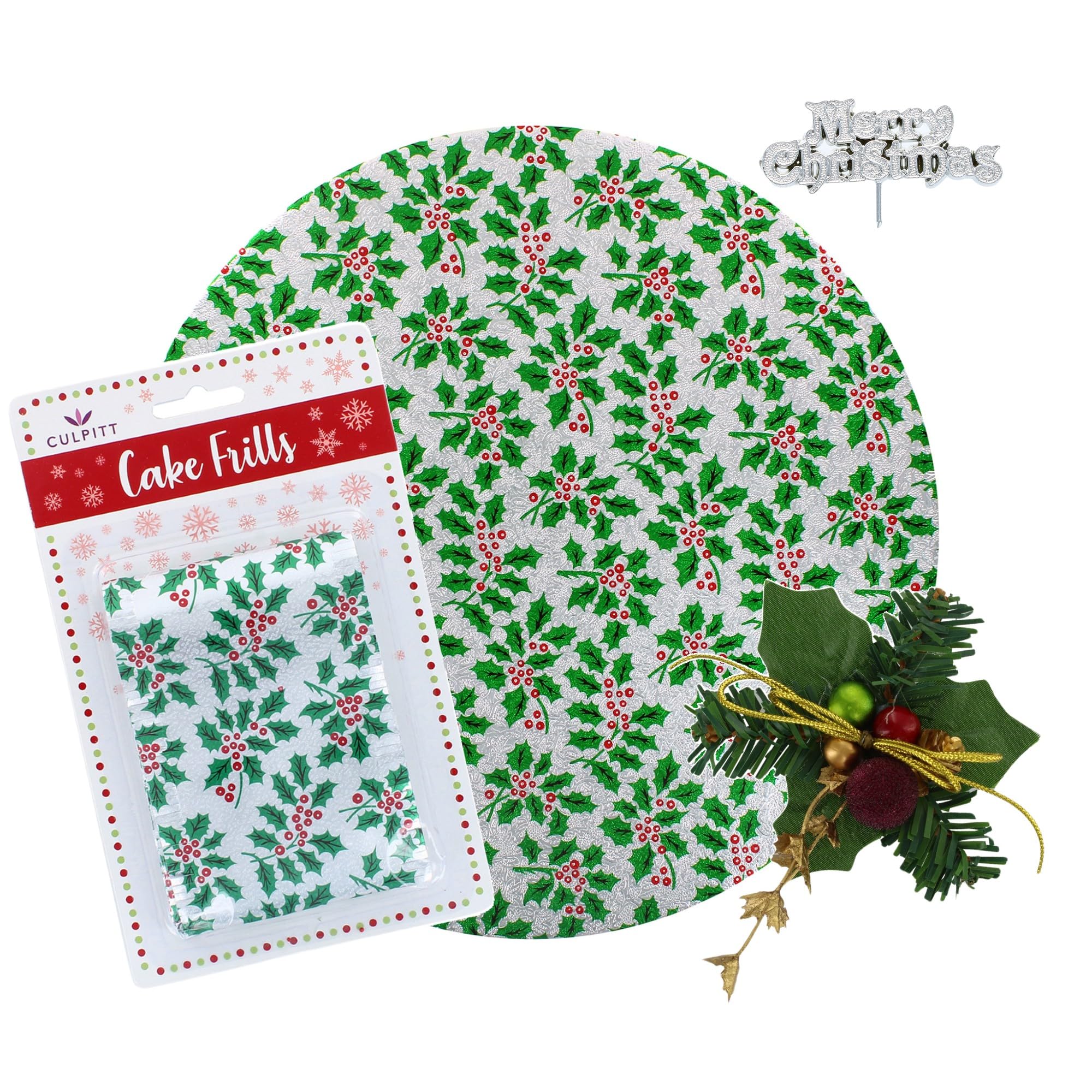 Culpitt - Holly Christmas Cake Kit with 10" Festive Cake Board & Silver Cake Frill