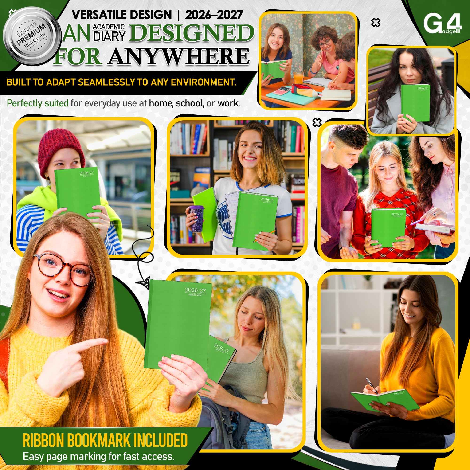 G4GADGET 2026-2027 Academic Diary - A4 Week To View | Lime Green Hardback | August Start 5