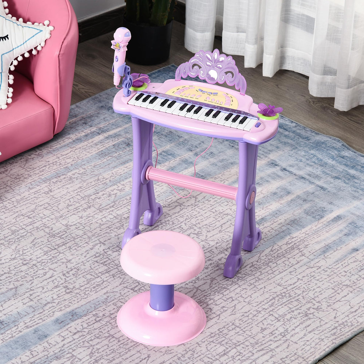 HOMCOM Kids Electronic Keyboard - 32 Keys, Microphone & Stool, Pink, Ages 3–6
