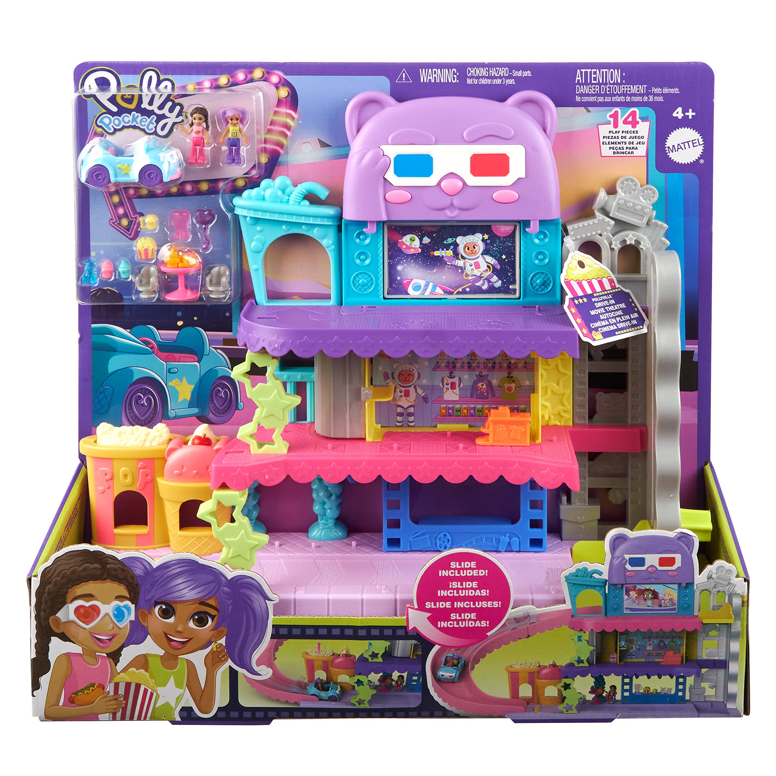 Polly Pocket Pollyville Drive-In Movie Theatre Playset with 2 Micro Dolls, 1 Toy Car, 11 Accessories 6