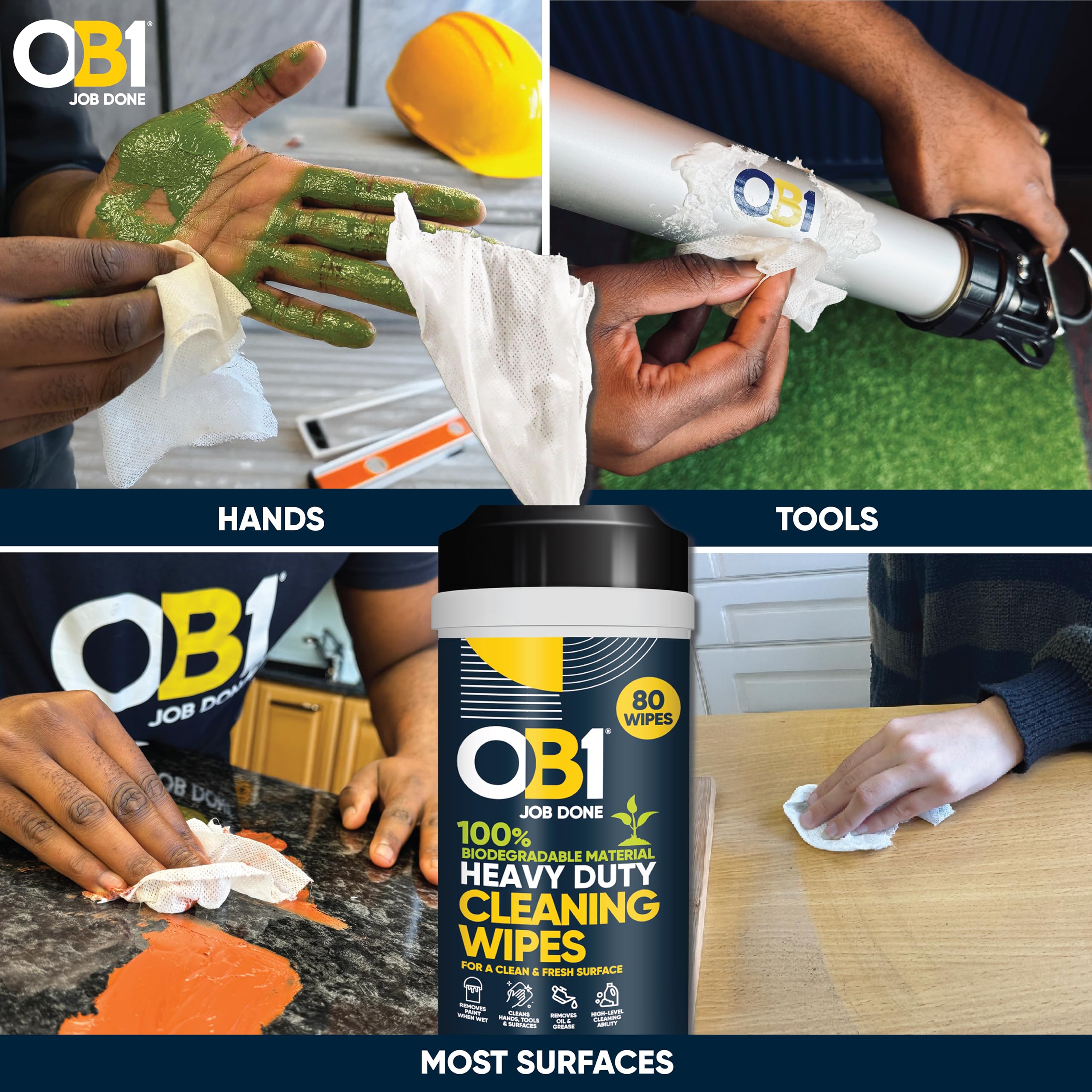 OB1 Heavy Duty Biodegradable Cleaning Wipes – 80 Count, Citrus Scent, For Hands & Tools 6