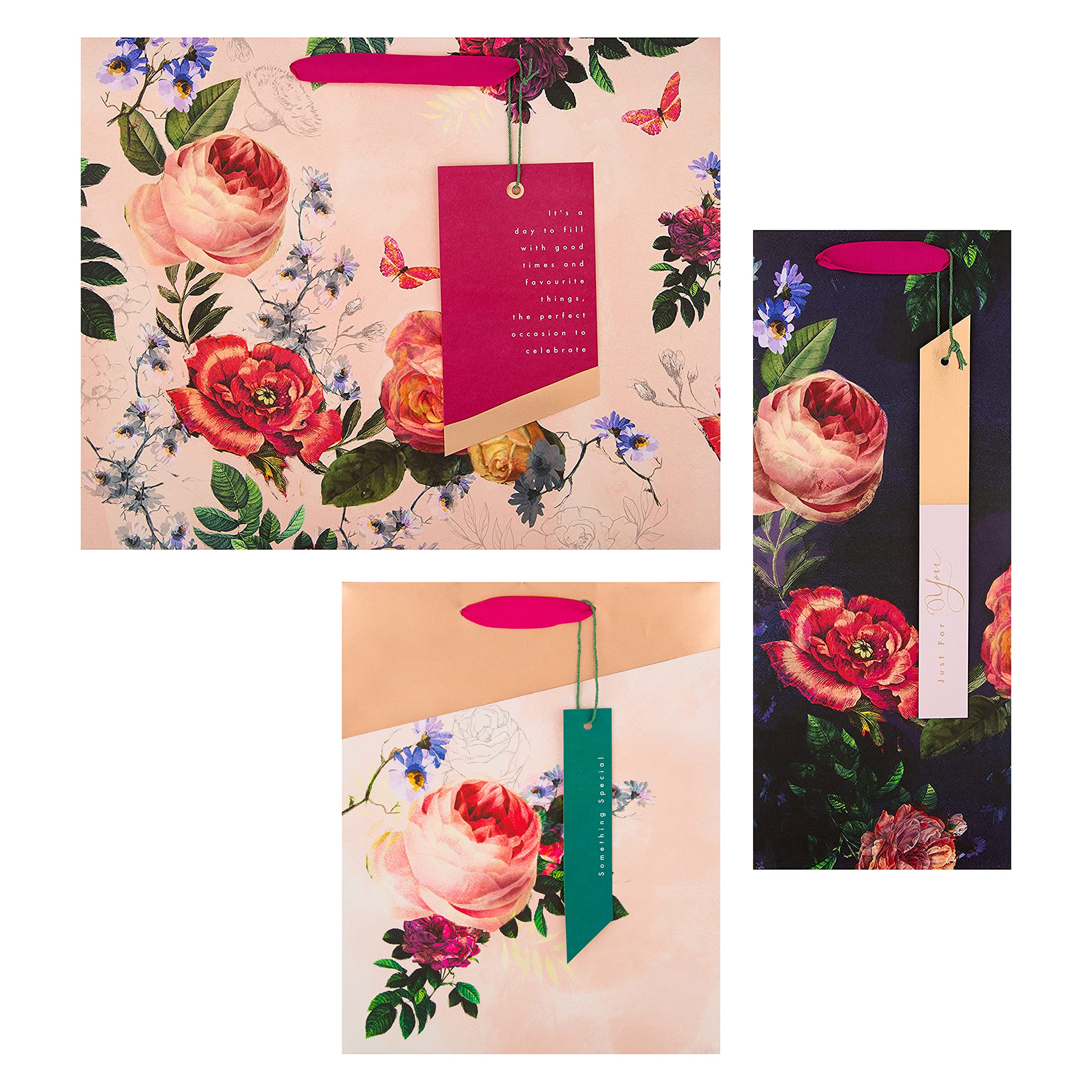 Hallmark Gift Bags - Pack of 3 (Large, Medium, Bottle) | Pink Floral with Rose Gold Foil
