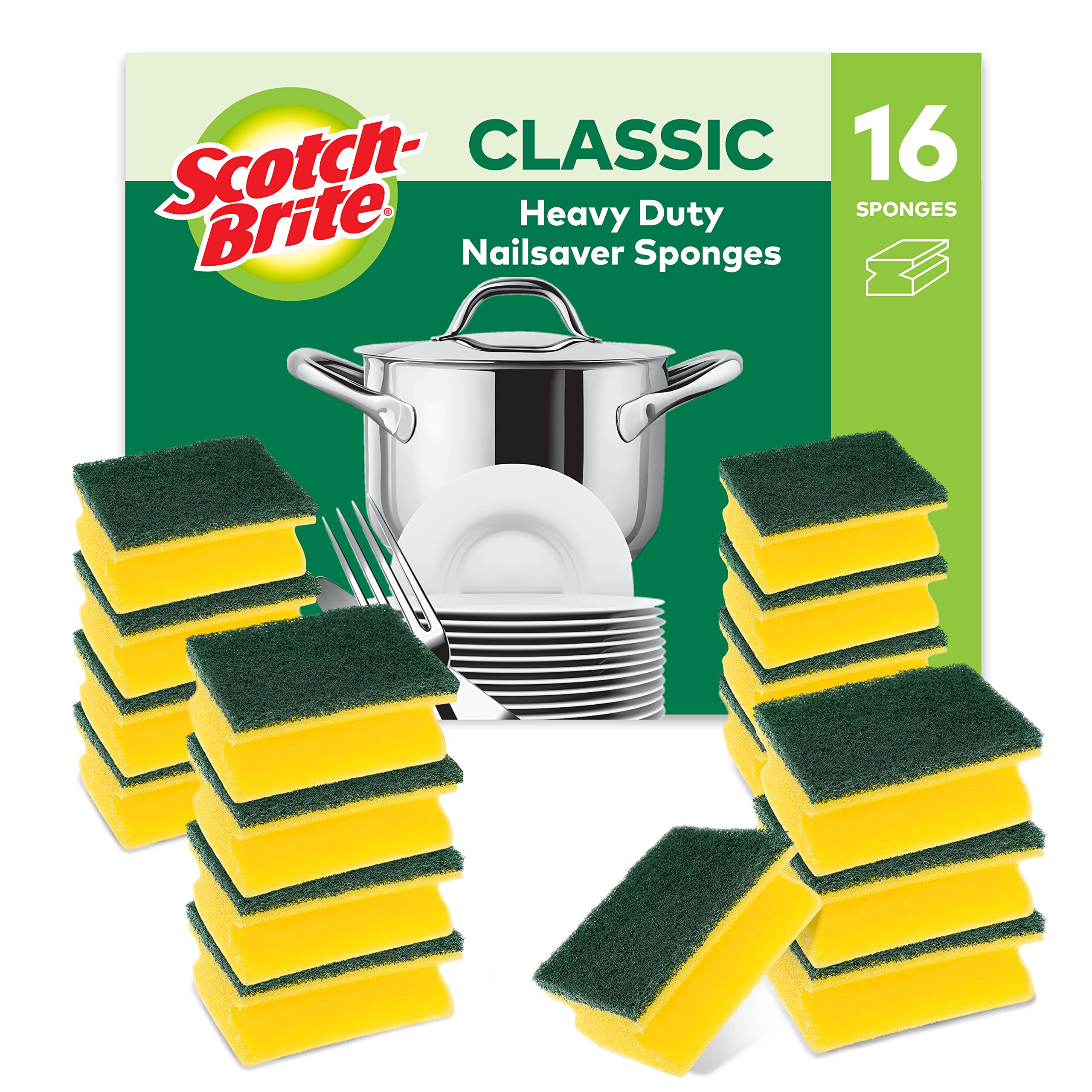 Scotch-Brite Classic Heavy Duty Scrub Sponge - Cuts Grease & Burnt-On Food | 16 Pack