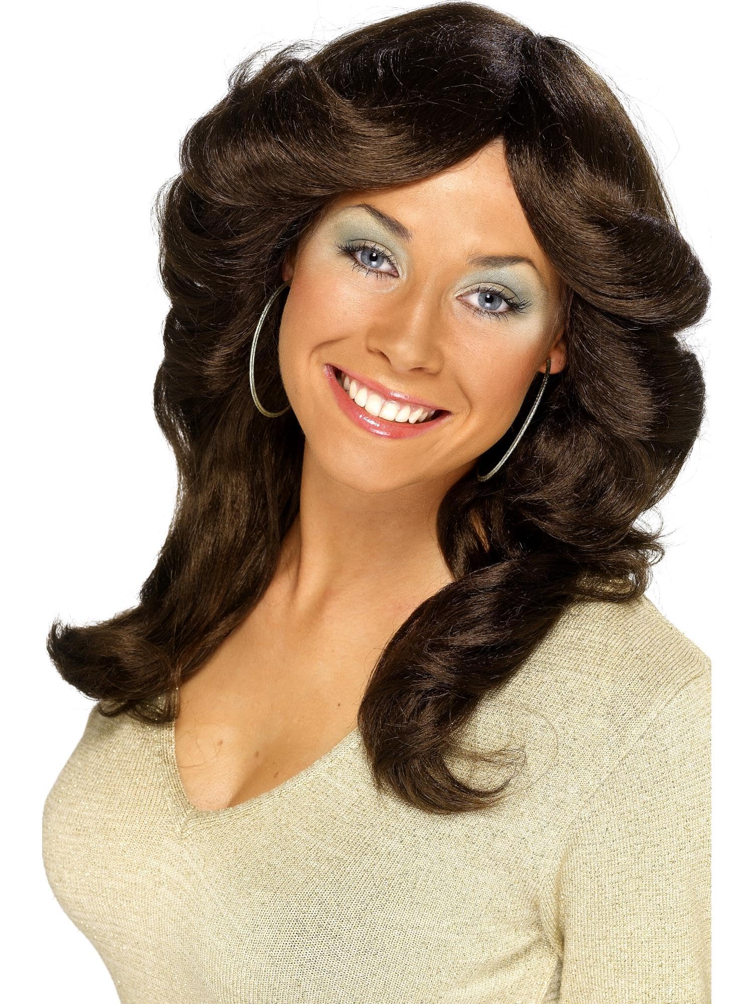 Smiffys Women's 70s Long Wavy Layered Brown Wig | One Size Synthetic