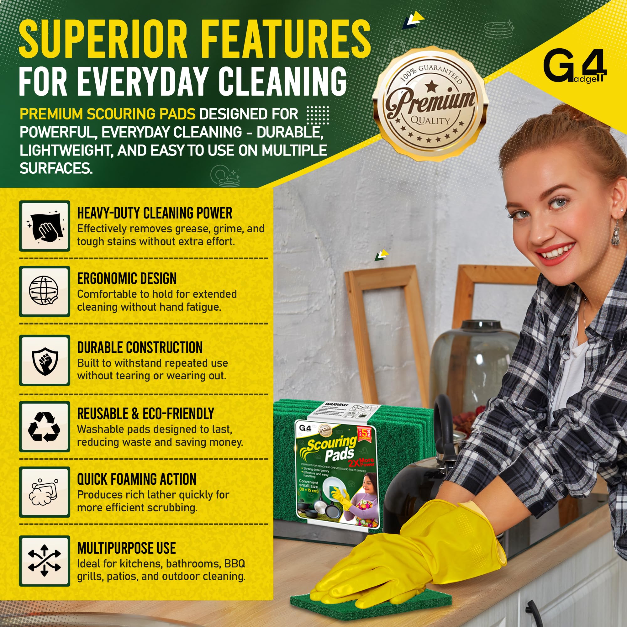 G4GADGET Heavy Duty Scouring Pads Green 5 Pack | 3.9 x 5.9 Inch | Plastic Material 2