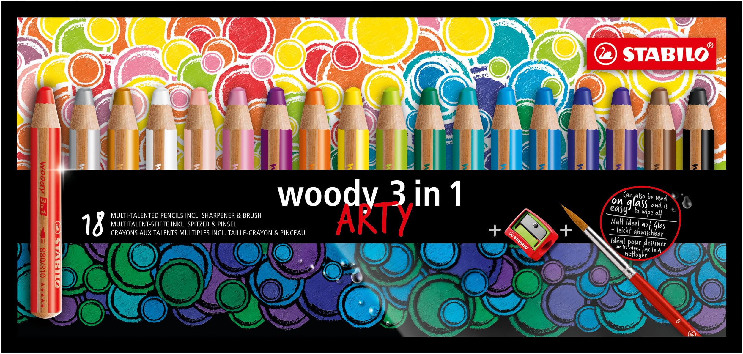 STABILO woody 3-in-1 ARTY Pencil - 18 Assorted Colours Wallet with Sharpener & Brush