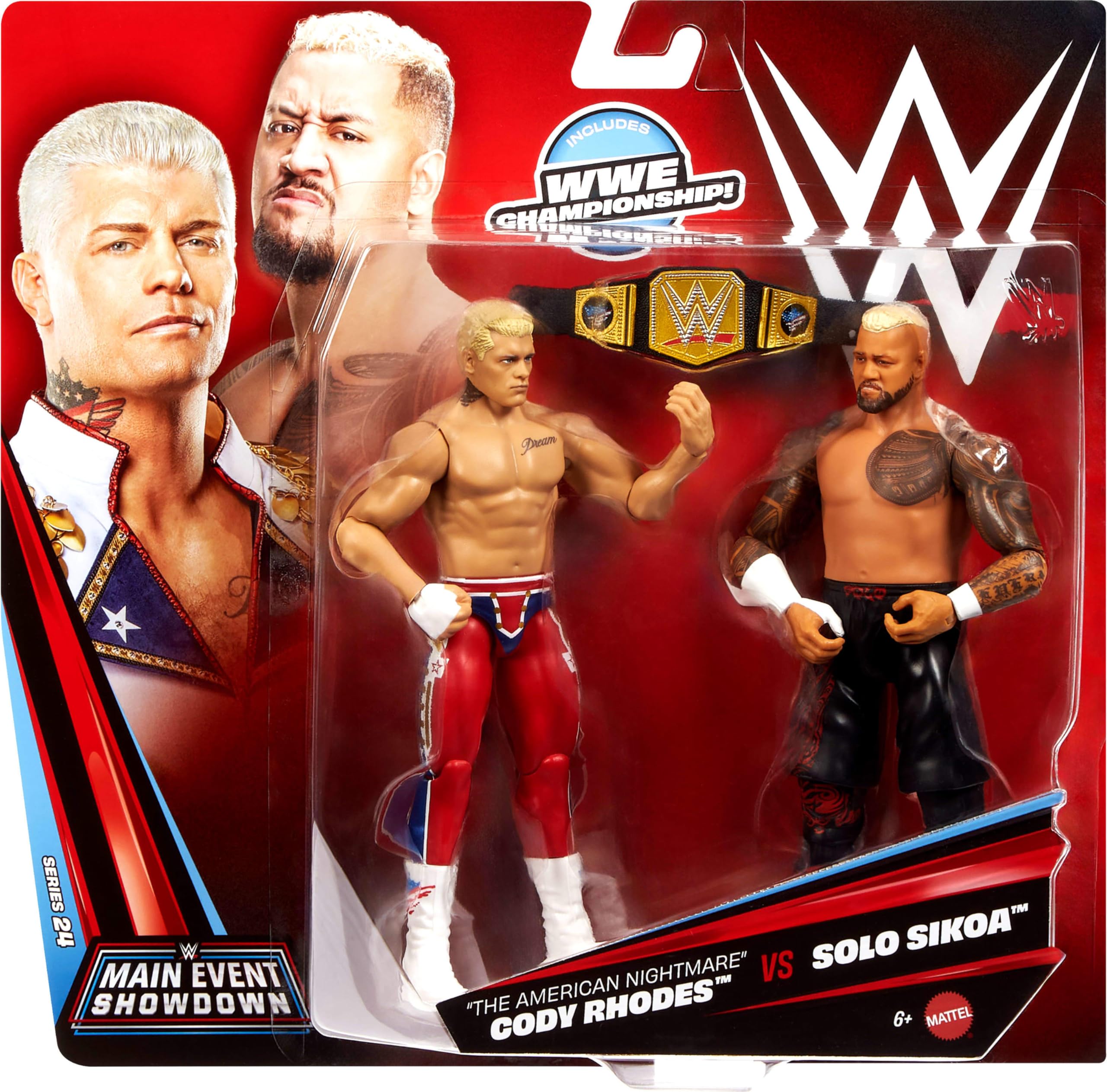 Mattel WWE Main Event Showdown 2-Pack Action Figures (Cody Rhodes & Solo Sikoa) - 6-Inch Figures with Accessory, 10 Points of Articulation 6
