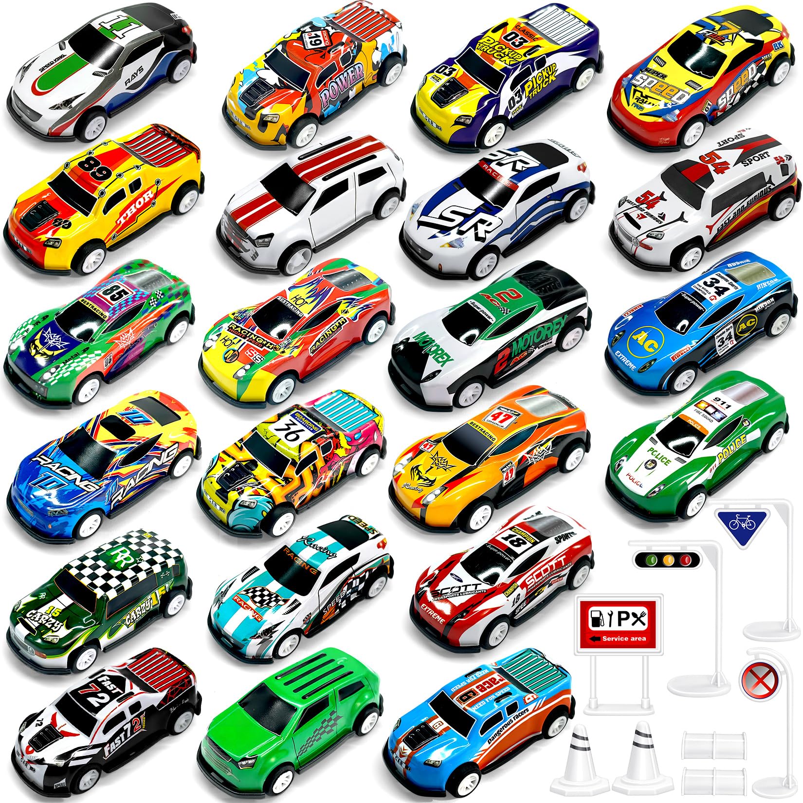 TOYABI 22Pc Metal Shell Pull-Back Race Car Set with 8 Roadblocks for Kids | Ages 3+ 1