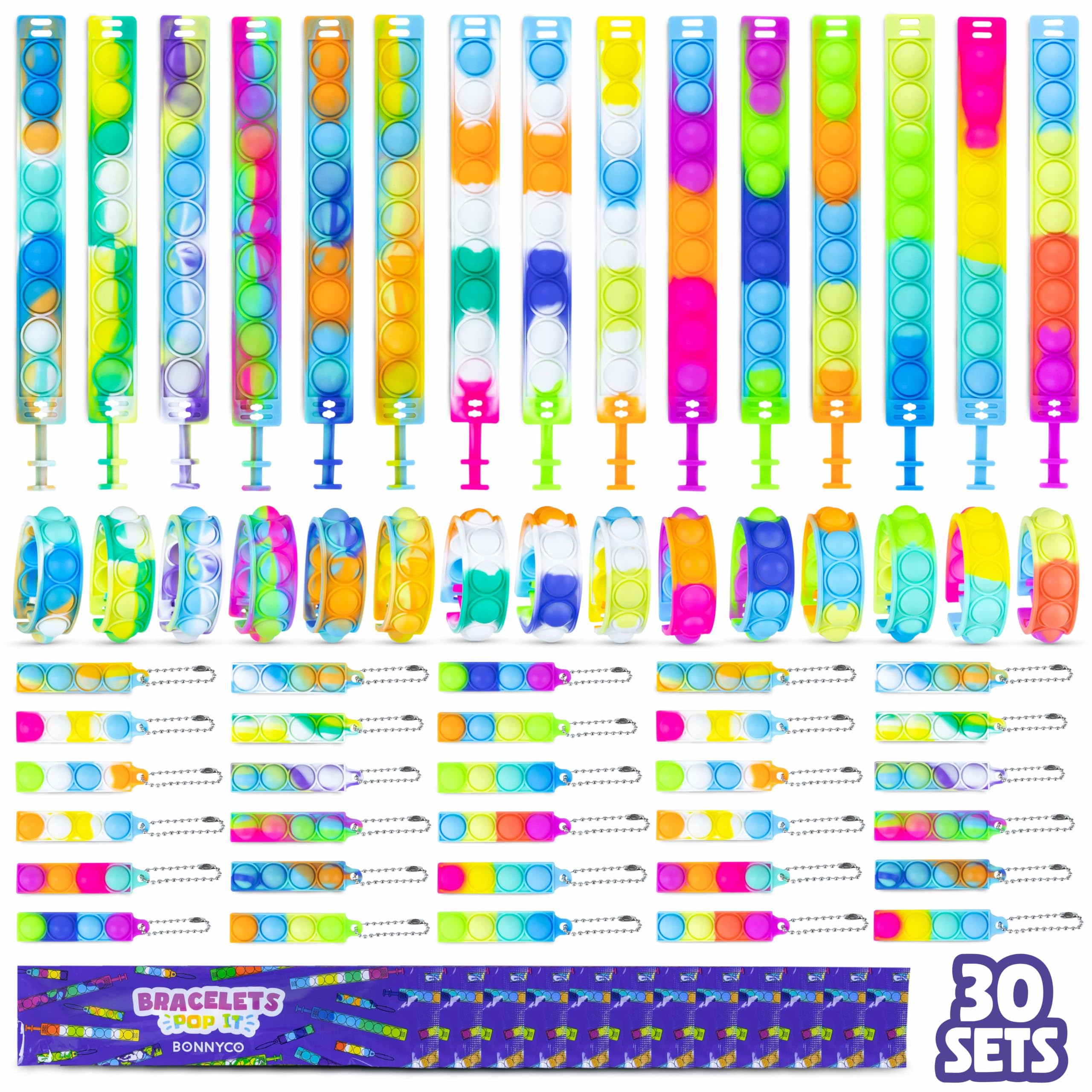 BONNYCO Pop It Bracelet and Keyring Fidget Toys - 30 Pack Matching Sets | 15 Colors | Adjustable