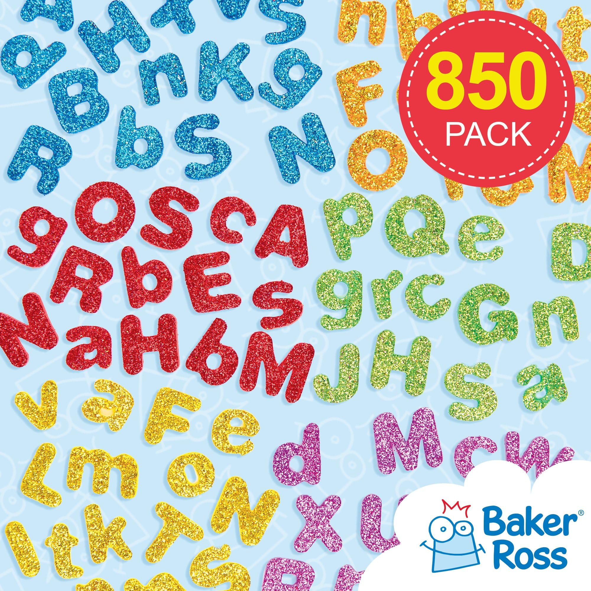 Baker Ross EX594 Glitter Letter Puffy Stickers - 850 Pack Self Adhesive Foam Shapes for Scrapbooking | 1cm-1.5cm
