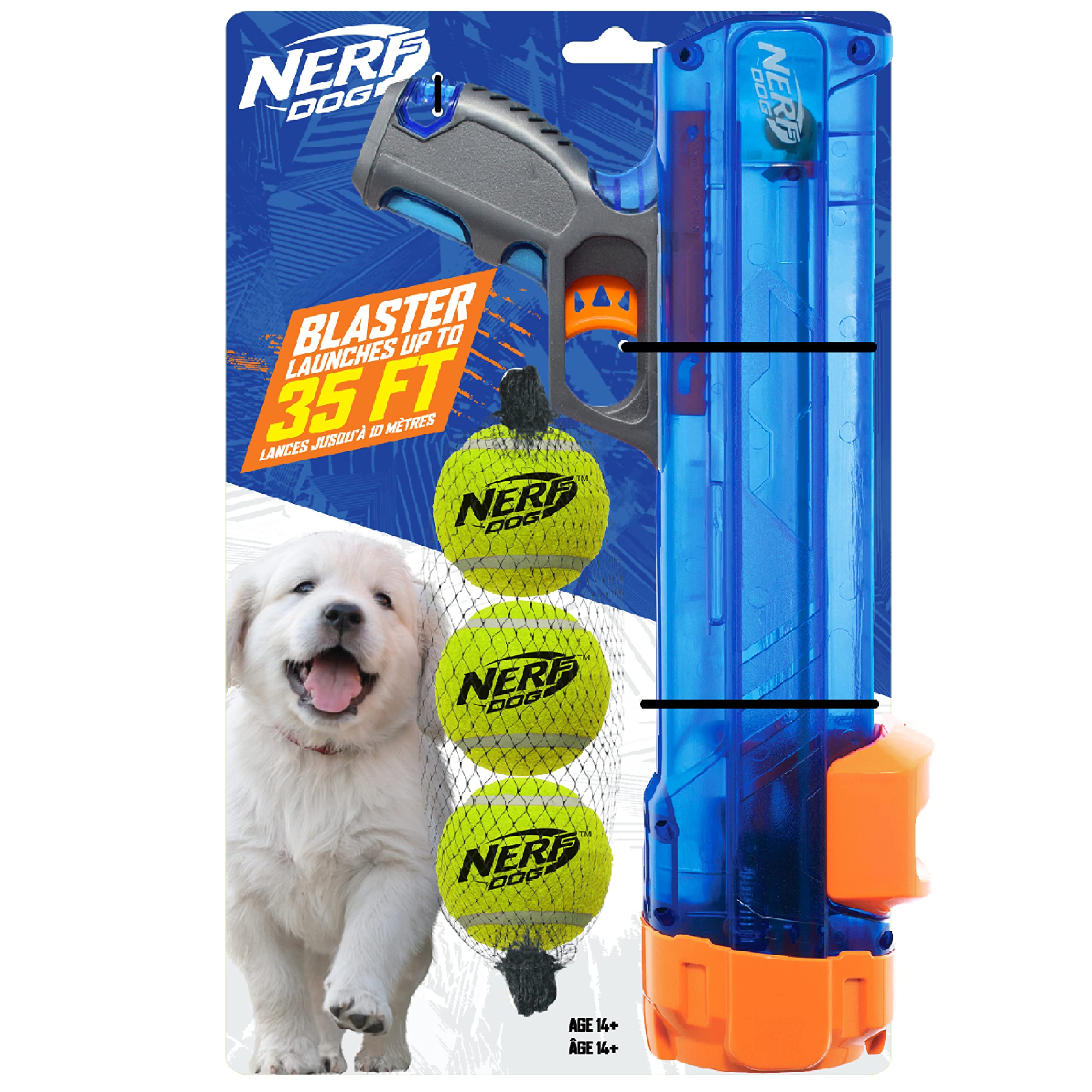 Nerf Dog Small Tennis Ball Blaster Gift Set | Launches up to 35ft | Includes 3 Balls | Translucent Blue 1