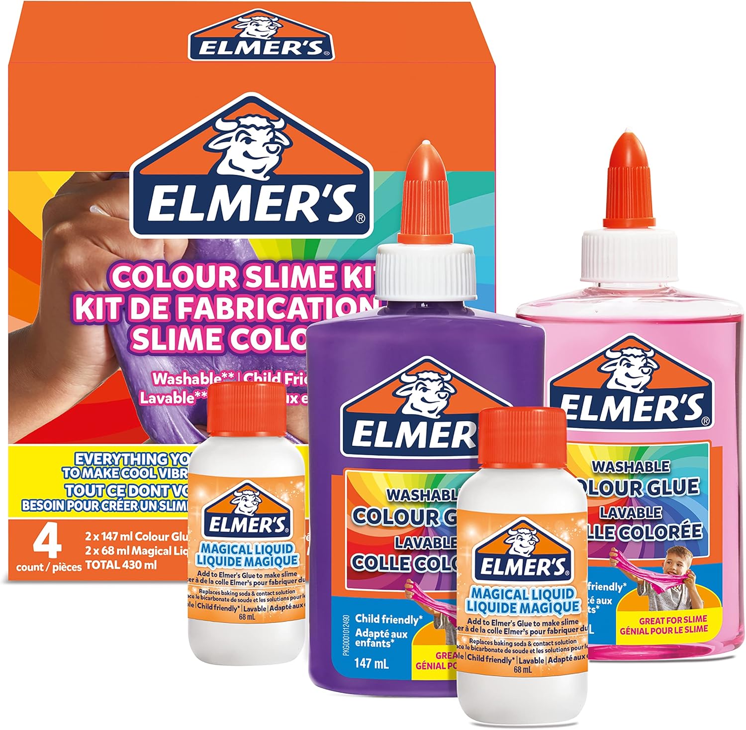 Elmer's Colour Slime Kit – Set zur Herstellung von abwaschbarem Schleim mit rosa und violettem Kleber, magischem Flüssigaktivator
