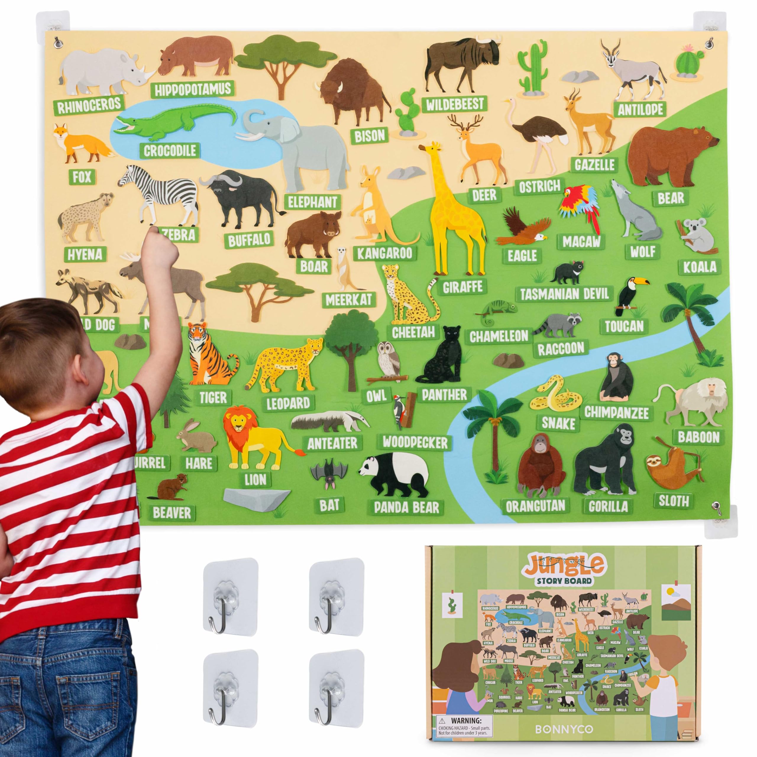 BONNYCO Jungle Animals Felt Board - 116 Pieces | Montessori Learning Toy | Ages 3+