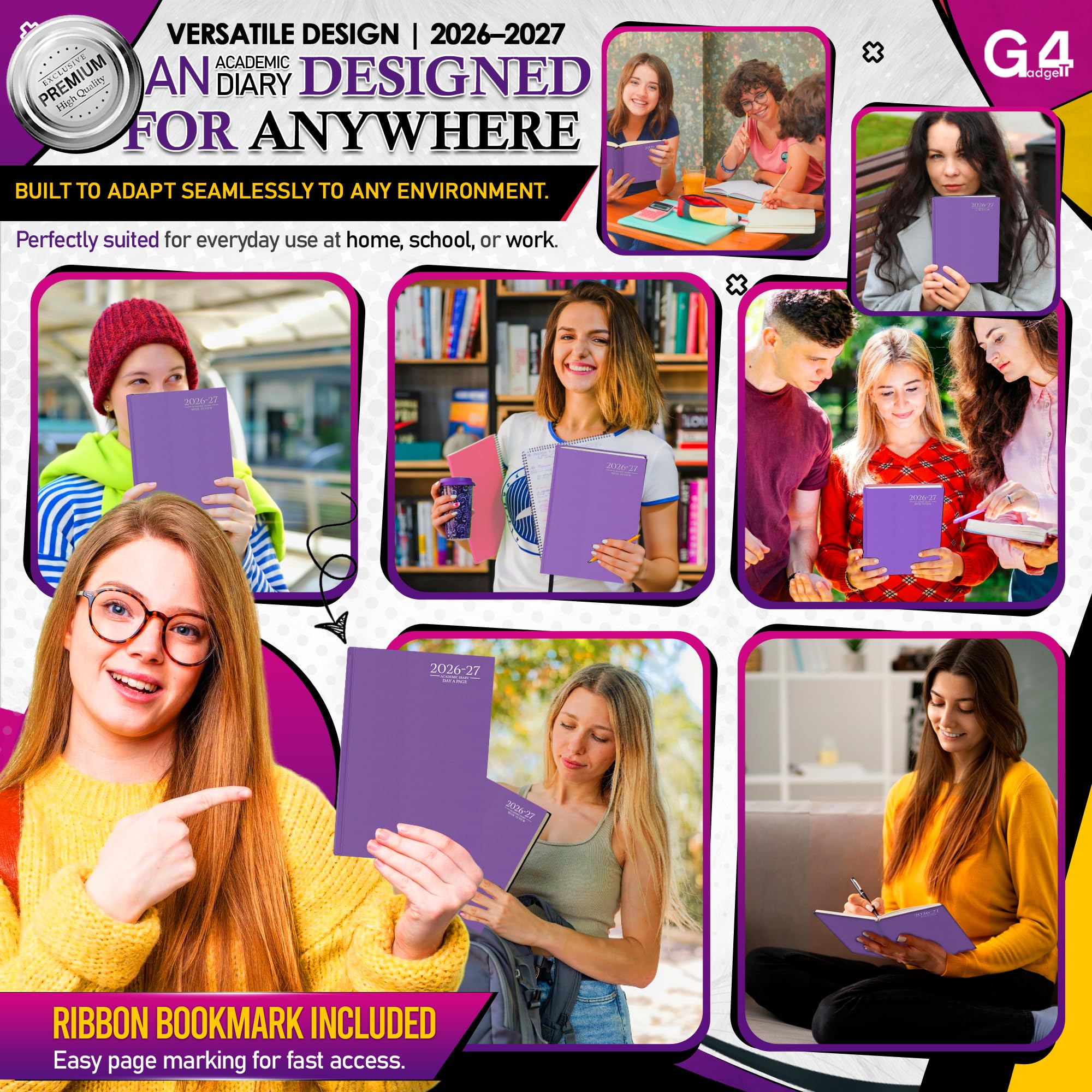 G4GADGET 2026-2027 Academic Diary - A5 Day A Page, Purple Hardback 5