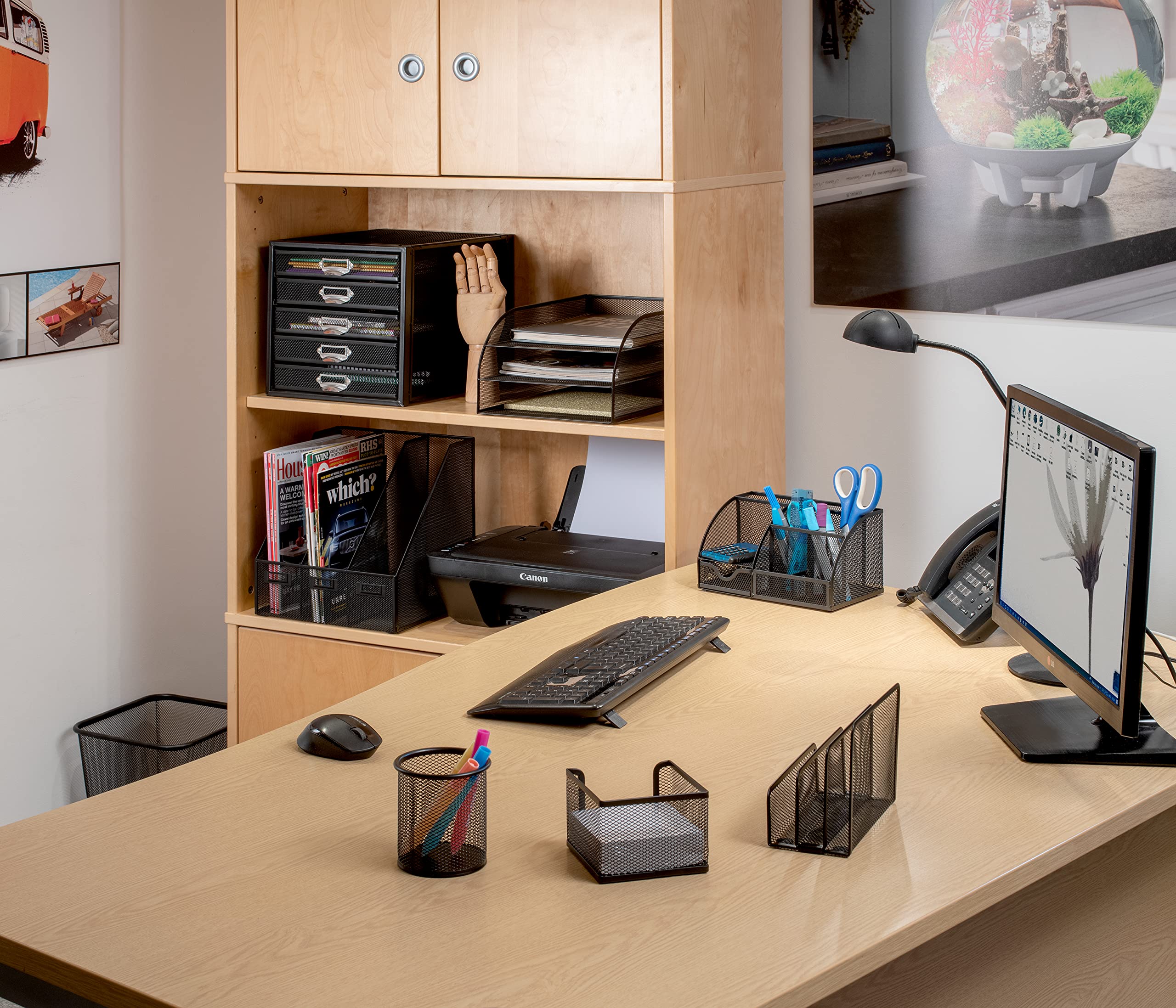 Osco Small Wiremesh Desk Organiser - 6 Compartments + 1 Drawer | Black Metal 7