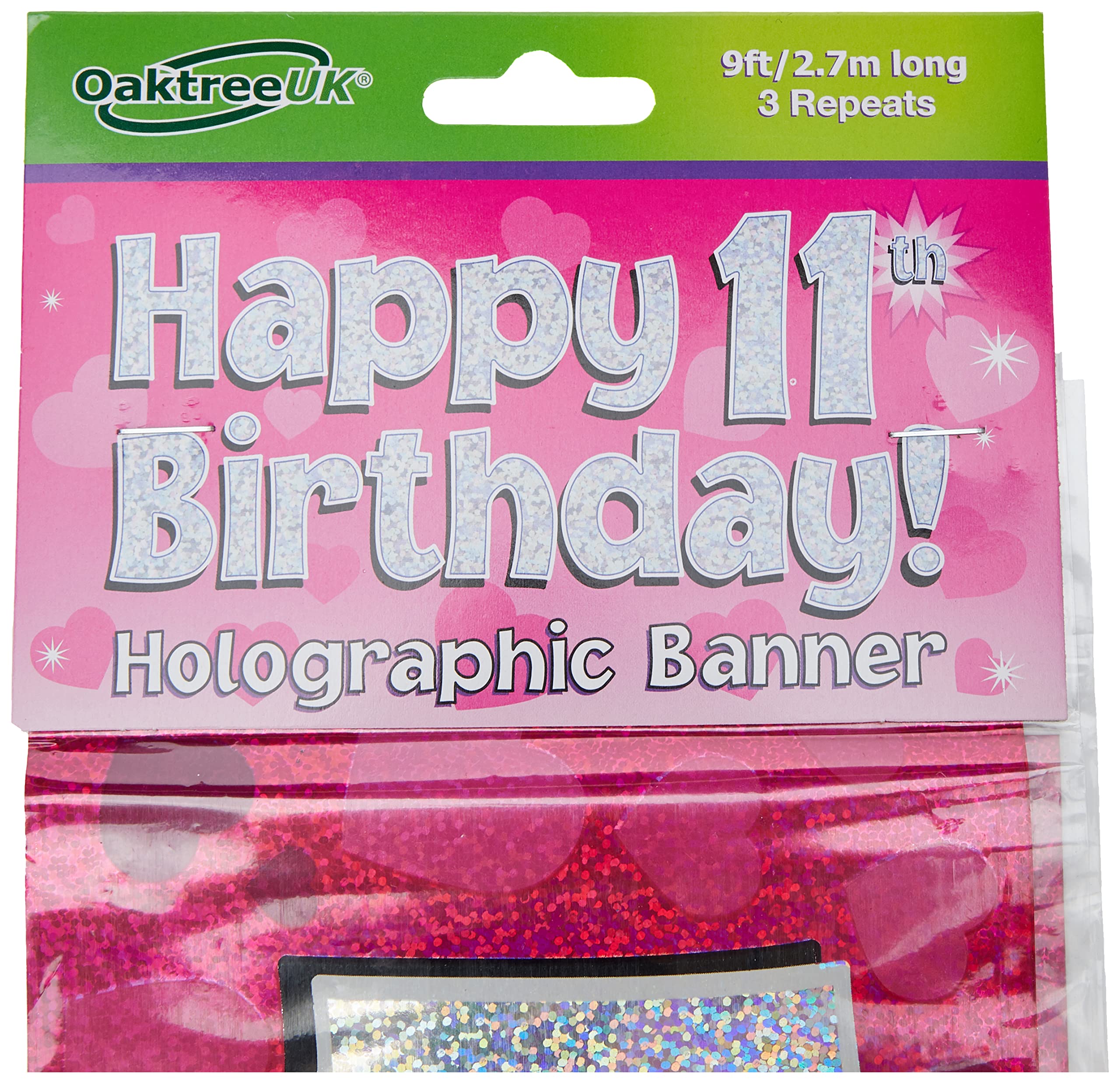 OakTree Happy 11th Birthday Banner - 9ft Pink Holographic Fabric Decoration
