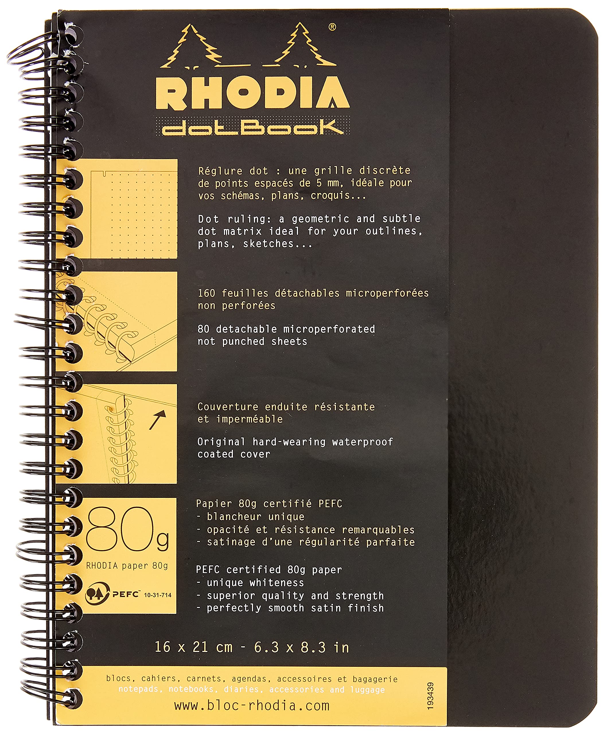 Rhodia 193439C Spiral Notebook - A5+ Black | Waterproof Cover | 80 g/m² Dot Grid Paper