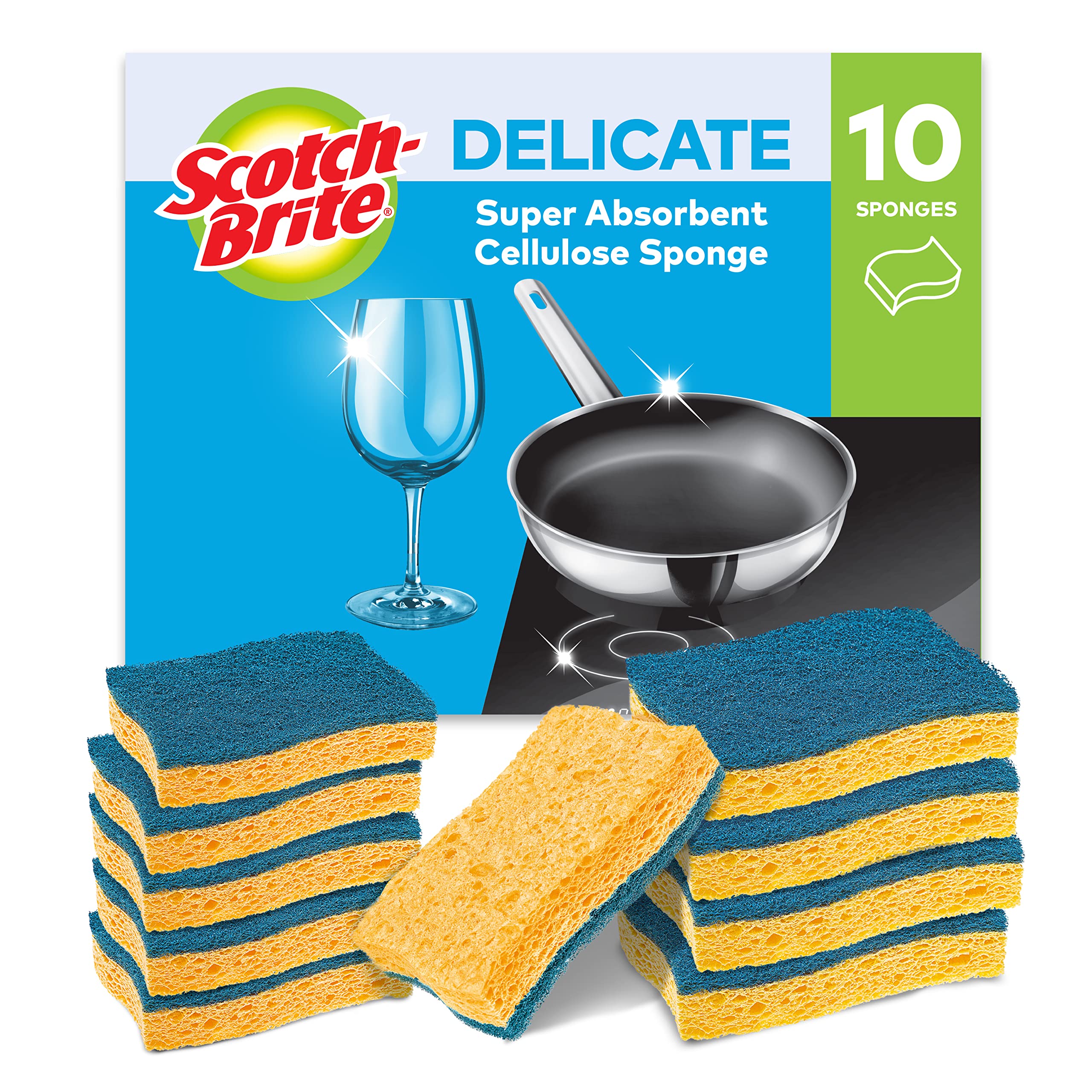 Scotch-Brite Delicate Non-Scratch Cellulose Scrub Sponge - 10 Pieces | High Absorbency | Reusable